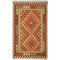 Geometric Kilim Rug Handwoven Carpet Orange Wool Kilims Carpet