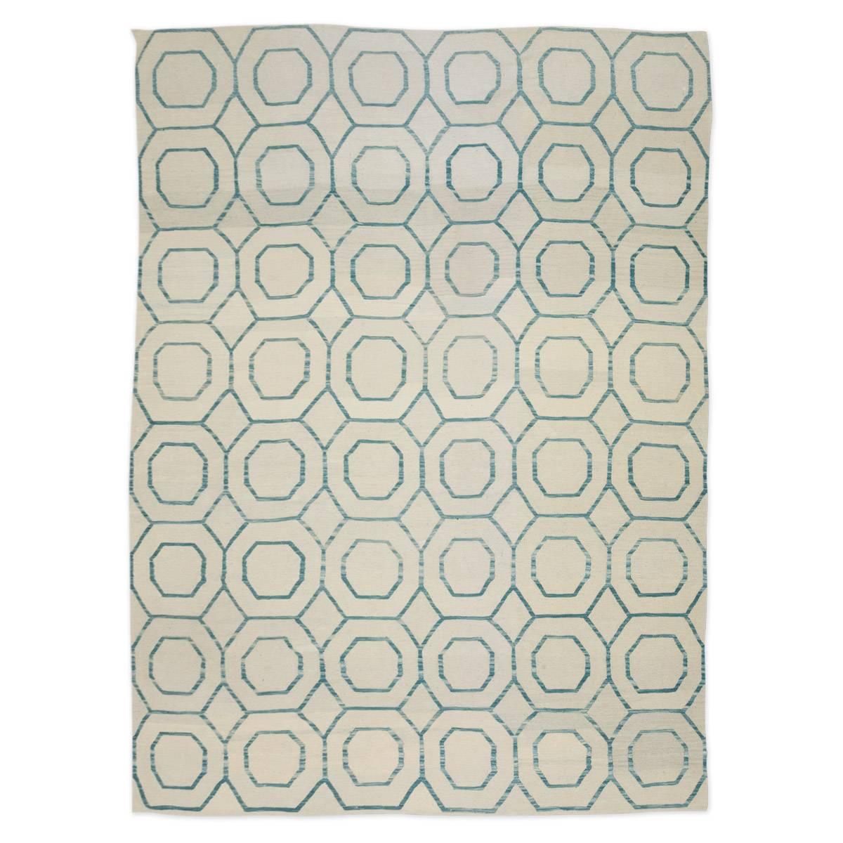 21st Century Contemporary Kilim Wool Rug, Green Colors over Geometric Design 