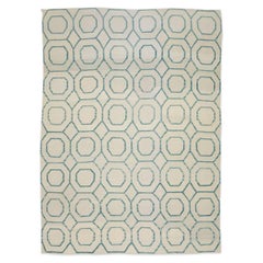 21st Century Contemporary Kilim Wool Rug, Green Colors over Geometric Design 