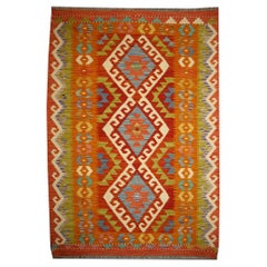 Tapis Kilim tribal Kelim à teintures naturelles et motif de diamant tissé à la main plat