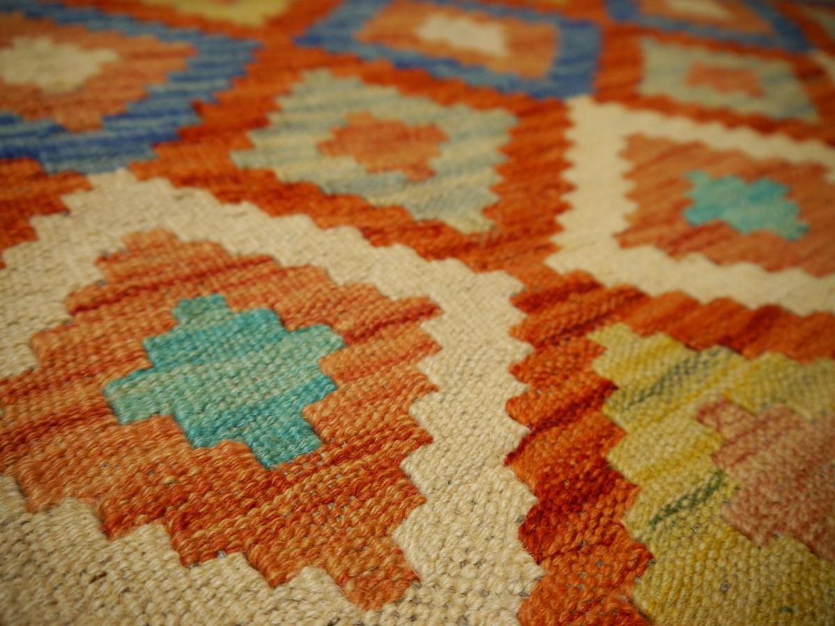 Contemporary Kilim Rug with Natural Dyes Flat Hand-Woven Tribal Nomad Kelim Diamond Design