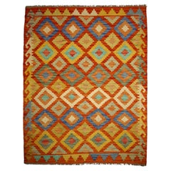 Kilim Rug with Natural Dyes Flat Hand-Woven Tribal Nomad Kelim Diamond Design