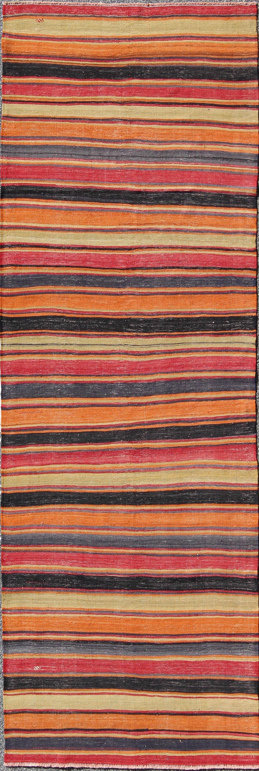 Kilim Runner with Multicolor Horizontal Stripes in Red, Orange and Black For Sale 1