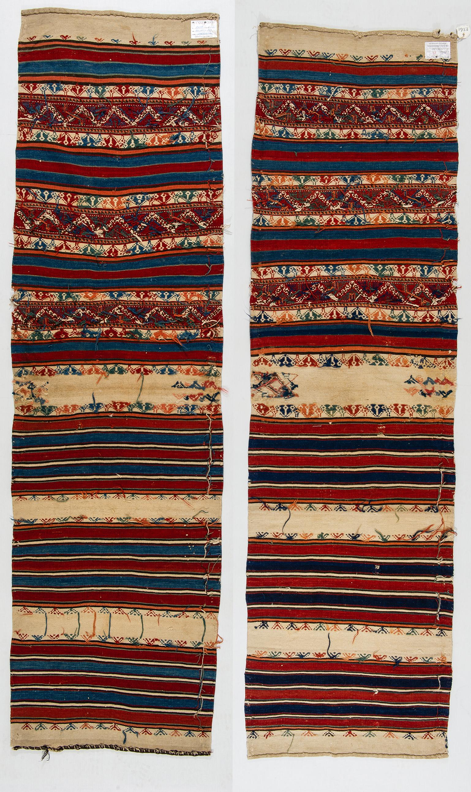 Rare pair of antique kilim runners from Kurdestan nomads, small embroideries adorn the striped decoration.
From private collection - (nr. 721 and 722).
They can be joined: everyone is cm. 212 x 60  .  ( x 2 = 212 x 120  or 424 x 60) -


  