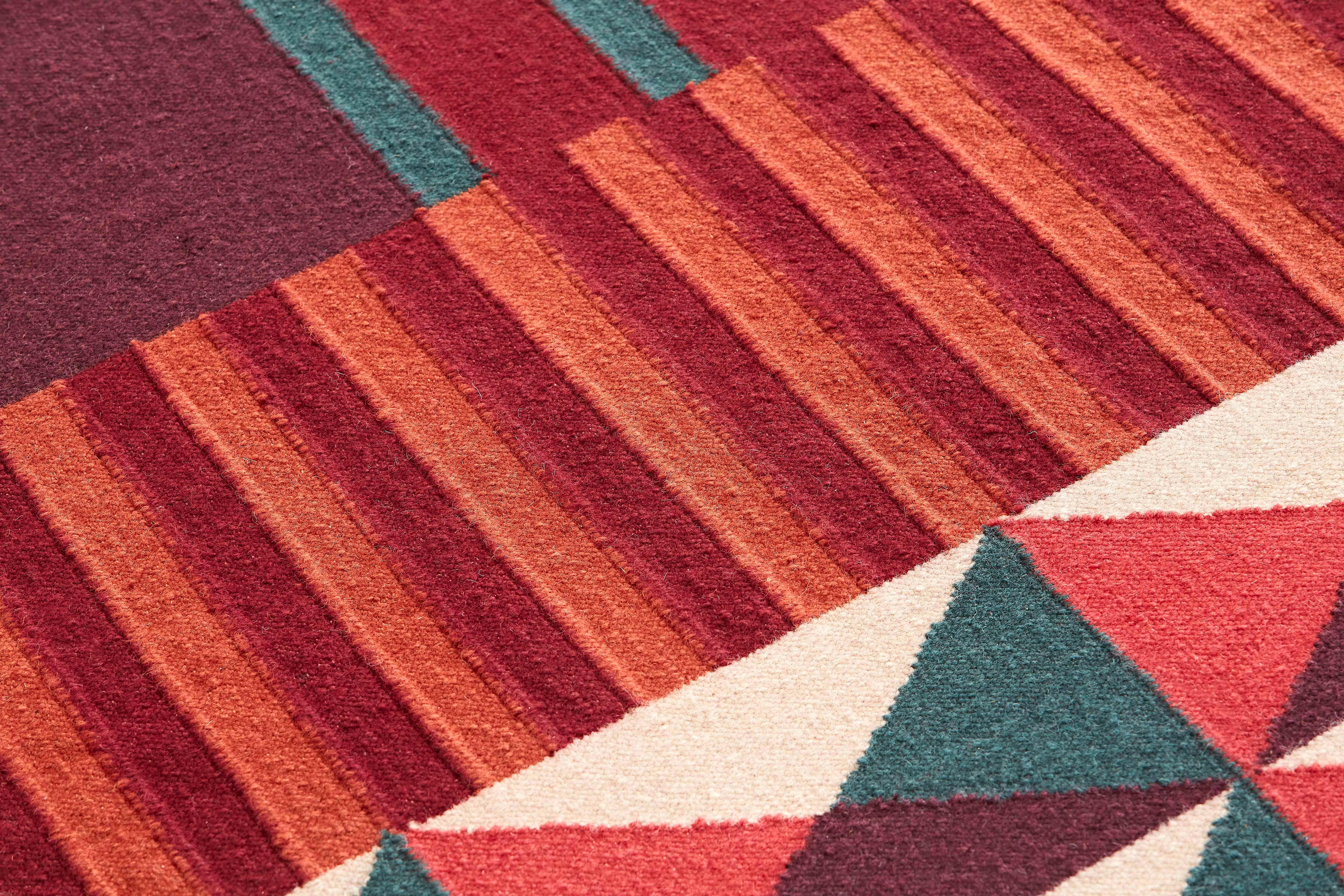 Modern Kilim Technique Ndebele Large Wool Rug in Red by Sandra Figuerola For Sale