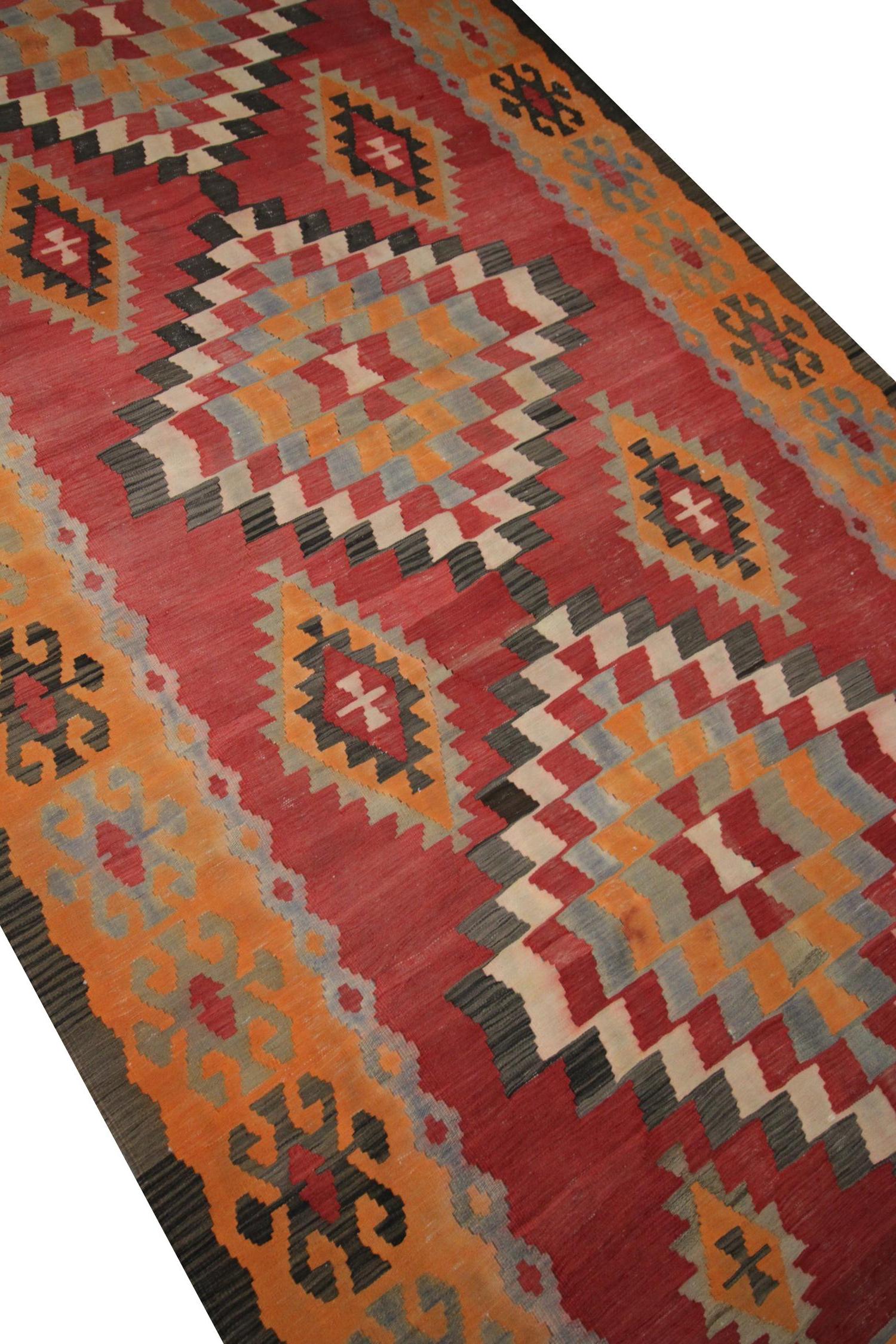 Mid-Century Modern Kilim Traditional Geometric Carpet Area Rug Vintage Red Wool For Sale