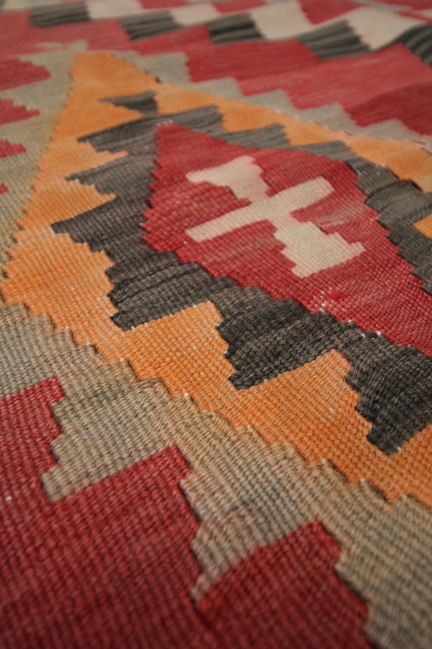 Azerbaijani Kilim Traditional Geometric Carpet Area Rug Vintage Red Wool For Sale