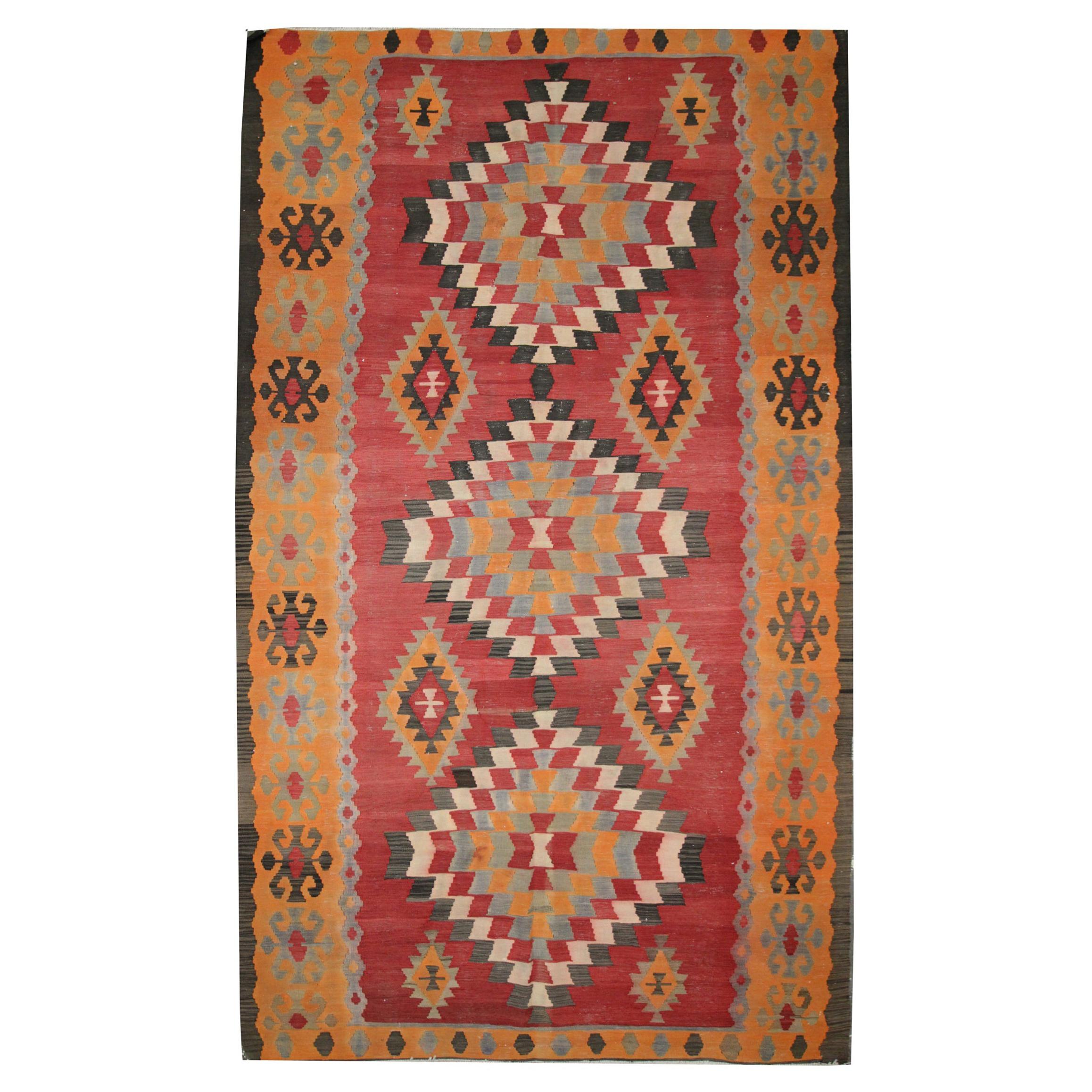 Kilim Traditional Geometric Carpet Area Rug Vintage Red Wool For Sale