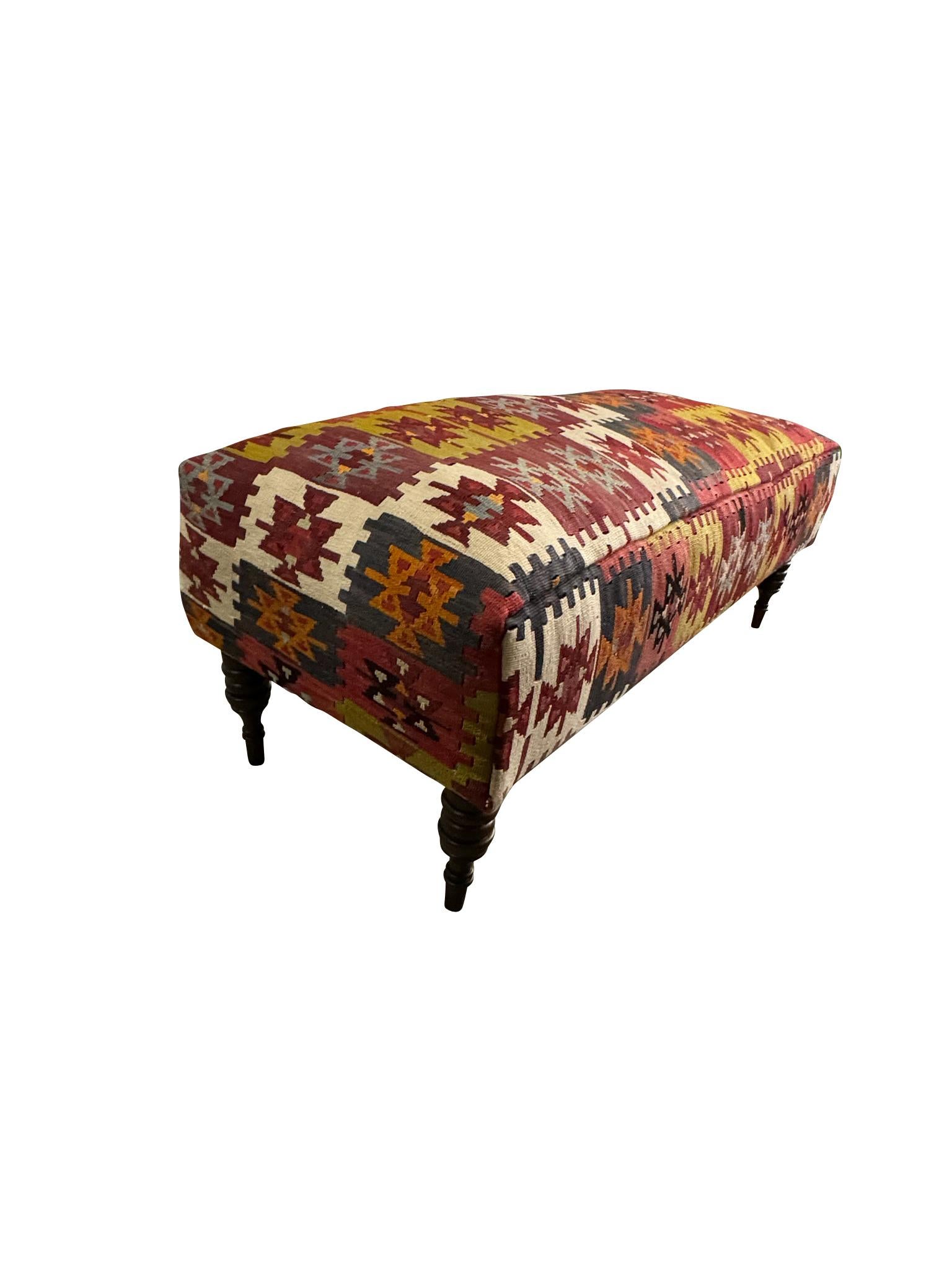 Hand-Knotted Kilim Upholstered Bench, Window Seat or Footstool For Sale