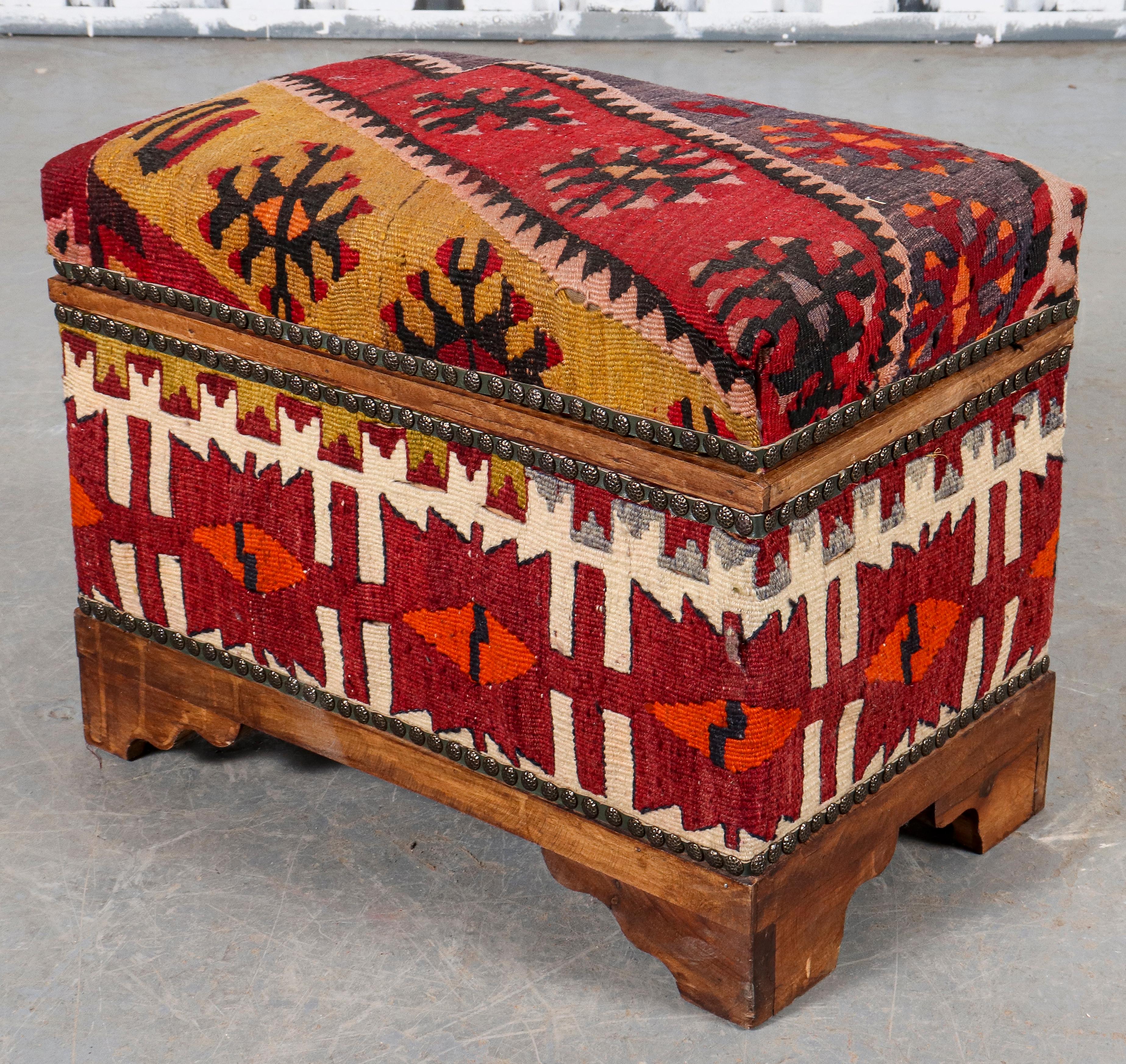 Wood Kilim Upholstered Bench with Storage