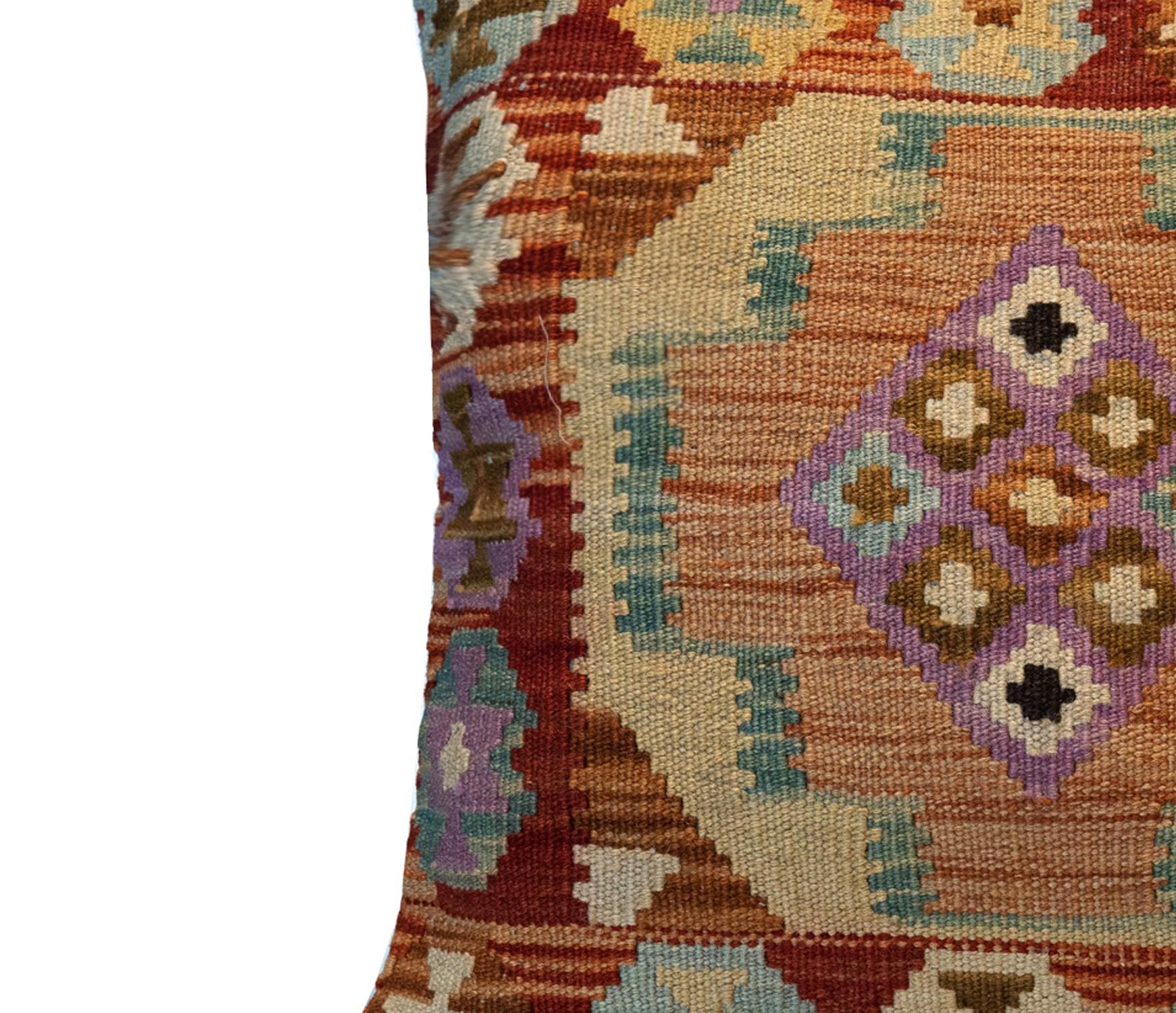 Hand-Knotted Kilims Cushion Cover Geometric, Brown Traditional Handmade Kilim Scatter Pillow