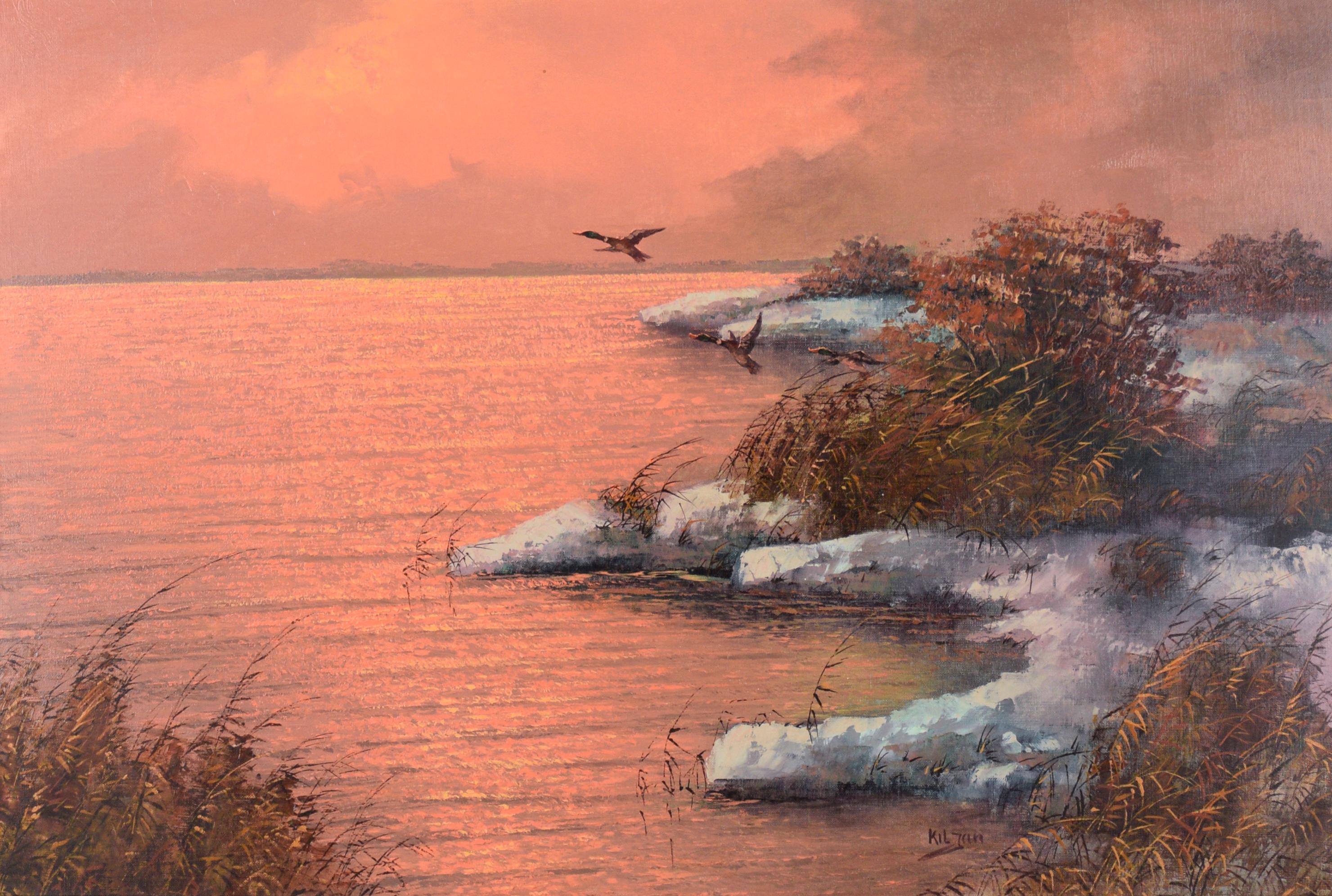 Ducks Flying Over the Lake at Sunset - Painting by Kiljan