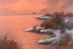 Ducks Flying Over the Lake at Sunset