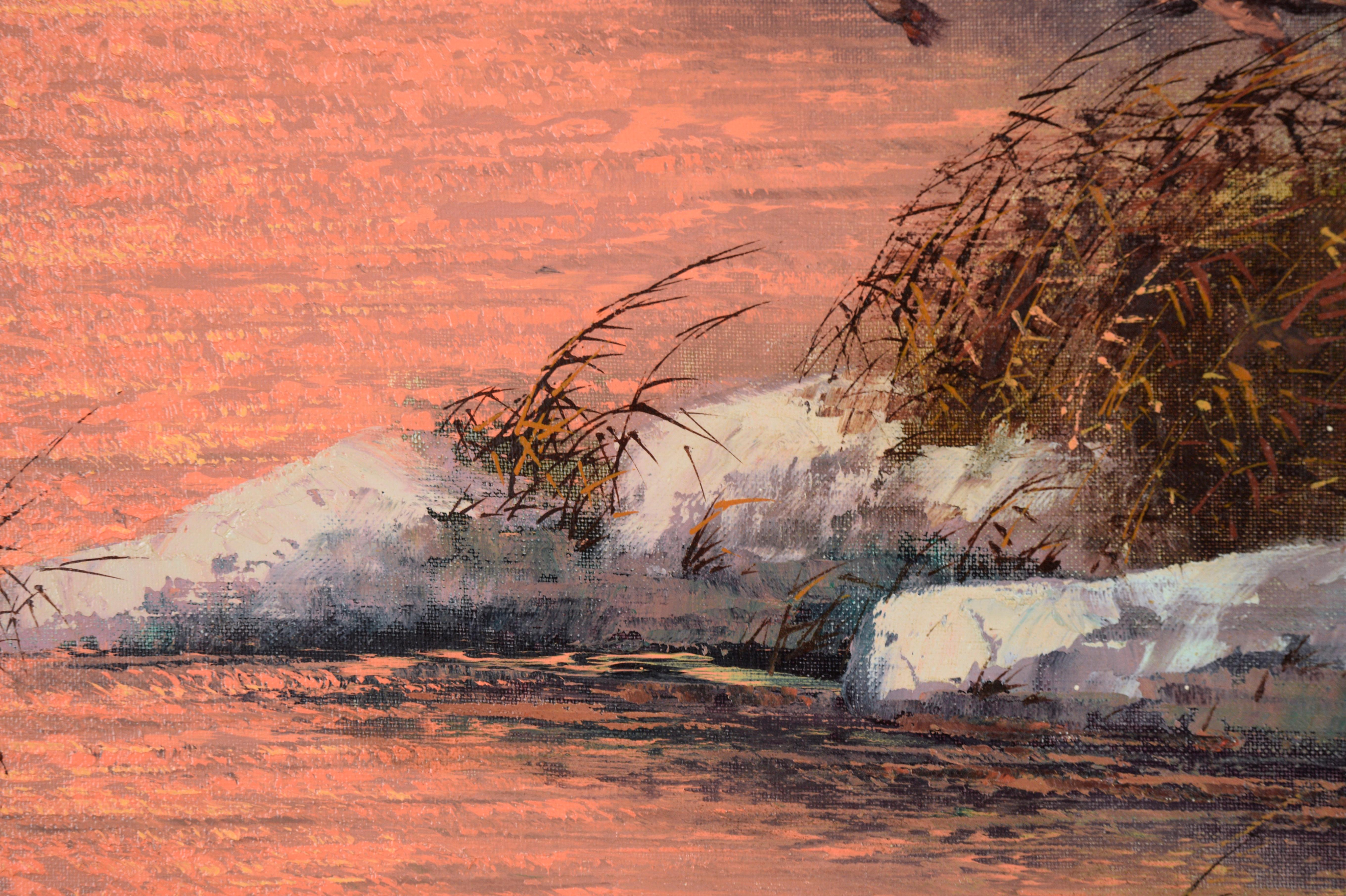 Ducks Flying Over the Lake at Sunset - Impressionist Painting by Kiljan
