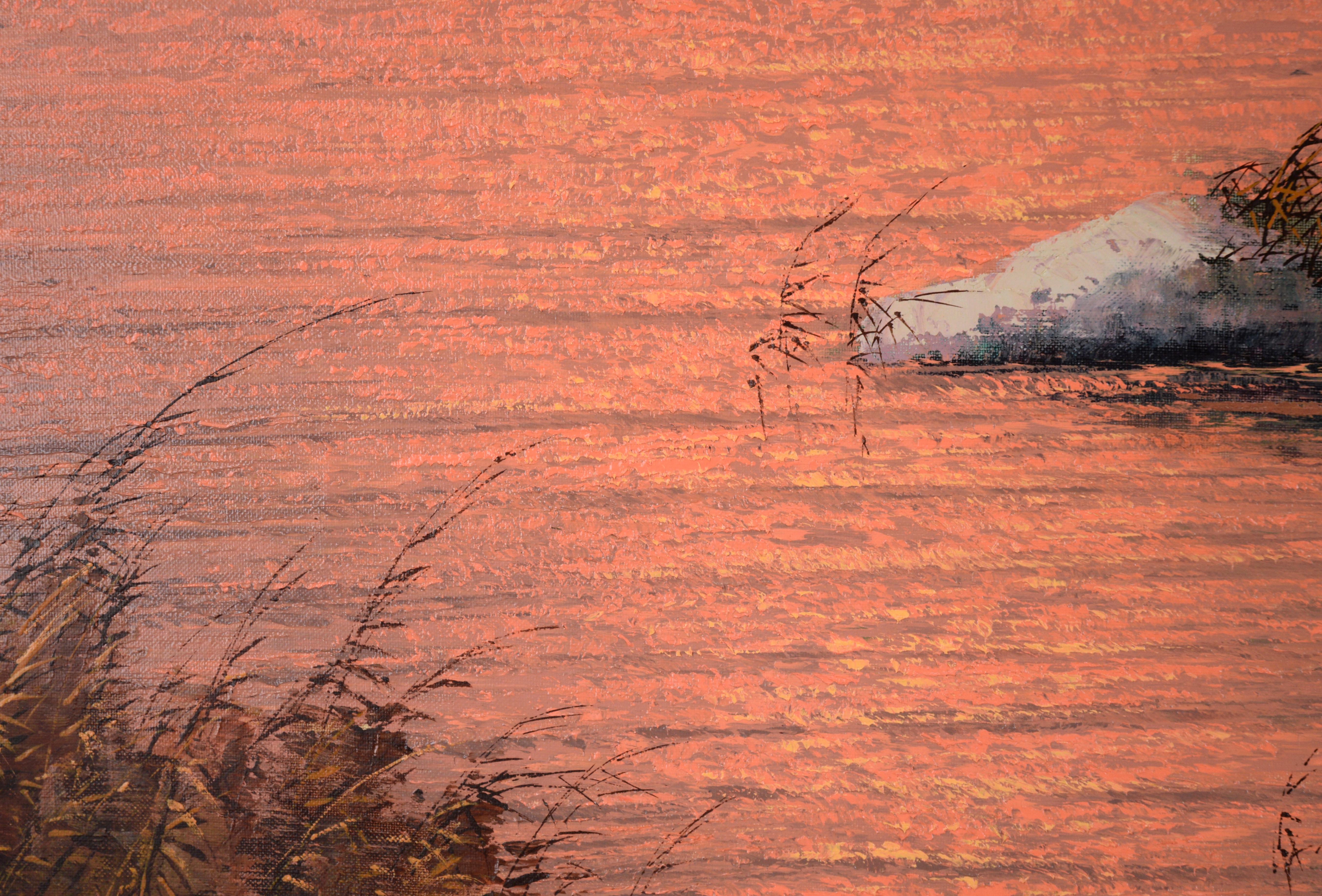 Ducks Flying Over the Lake at Sunset - Brown Animal Painting by Kiljan