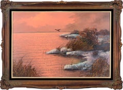 Vintage Ducks Flying Over the Lake at Sunset