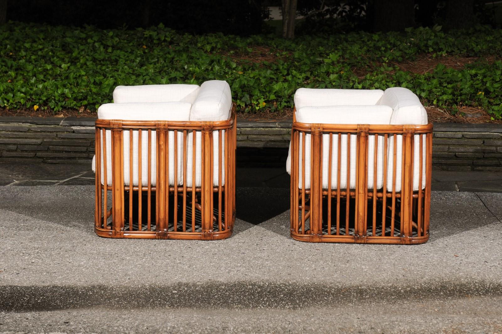Killer Restored Pair of Restored Rattan and Leather Cube Club Chairs For Sale 6
