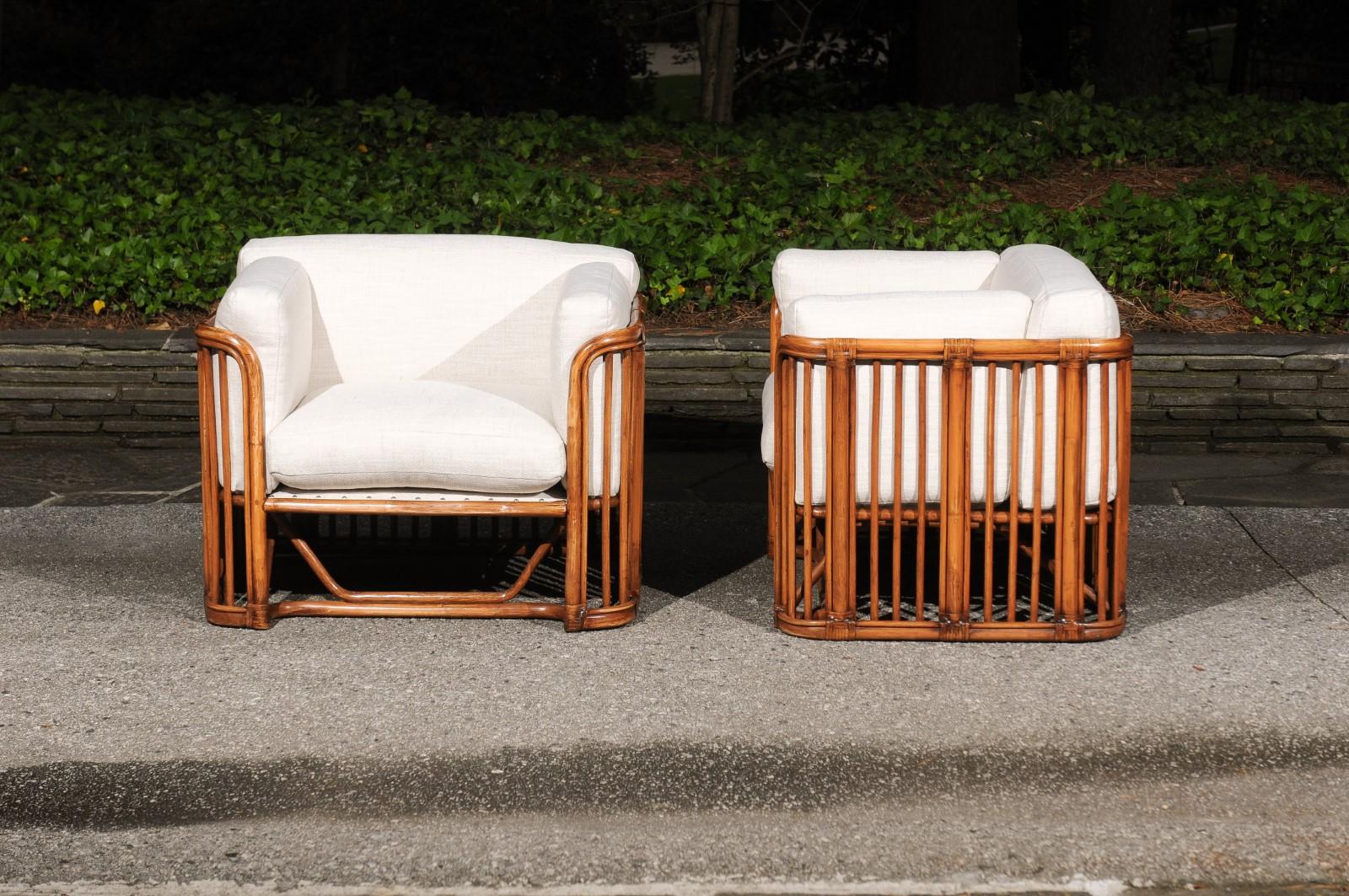 Killer Restored Pair of Restored Rattan and Leather Cube Club Chairs For Sale 7