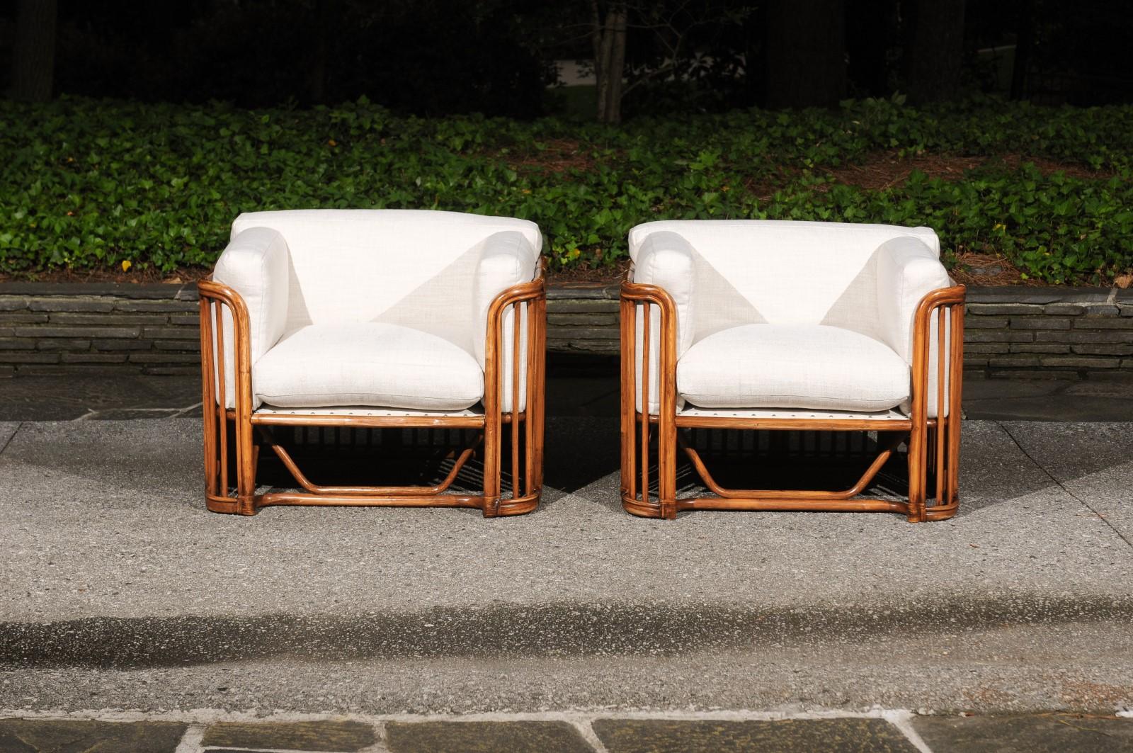 Killer Restored Pair of Restored Rattan and Leather Cube Club Chairs For Sale 8