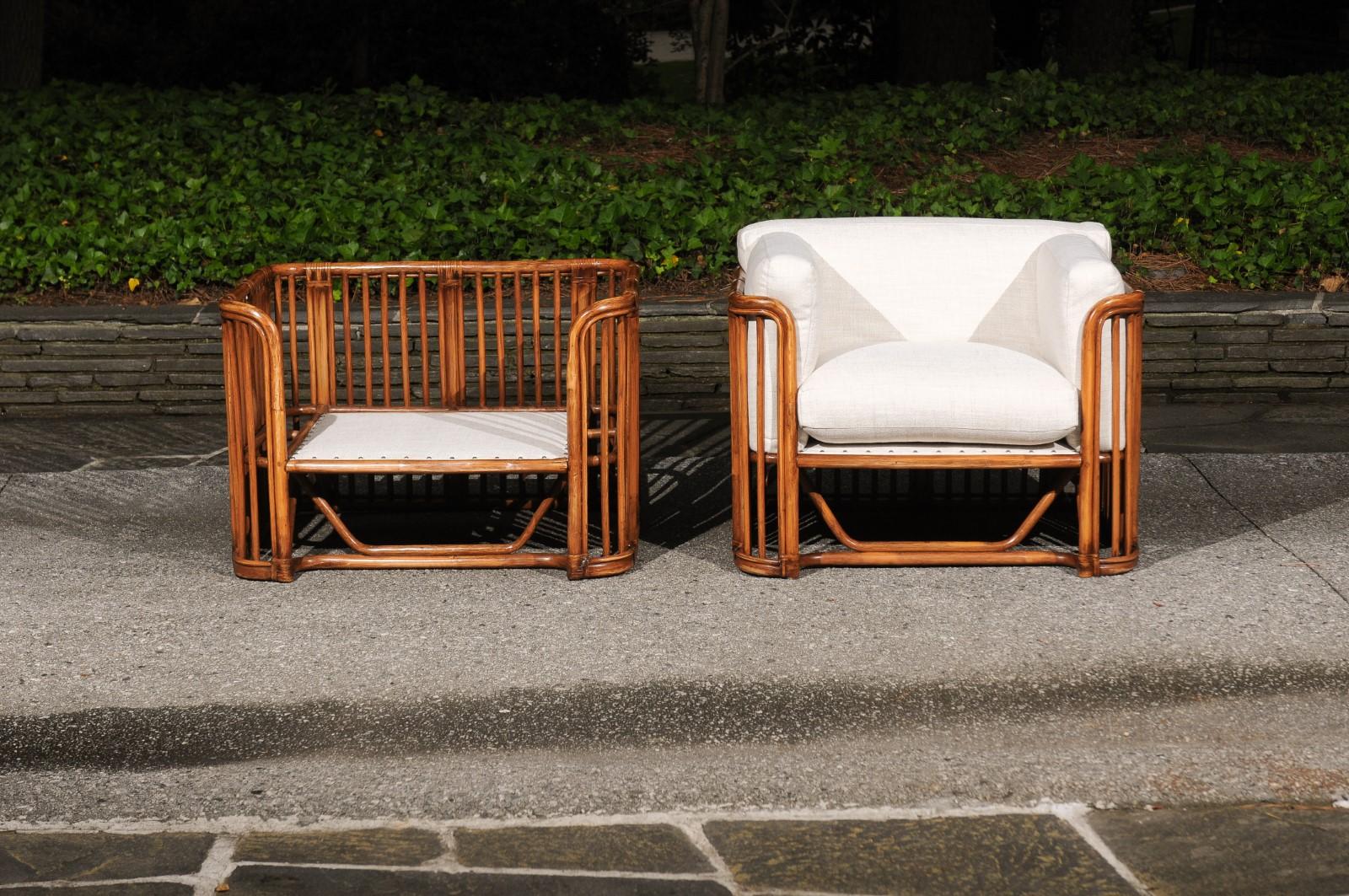 Killer Restored Pair of Restored Rattan and Leather Cube Club Chairs For Sale 9