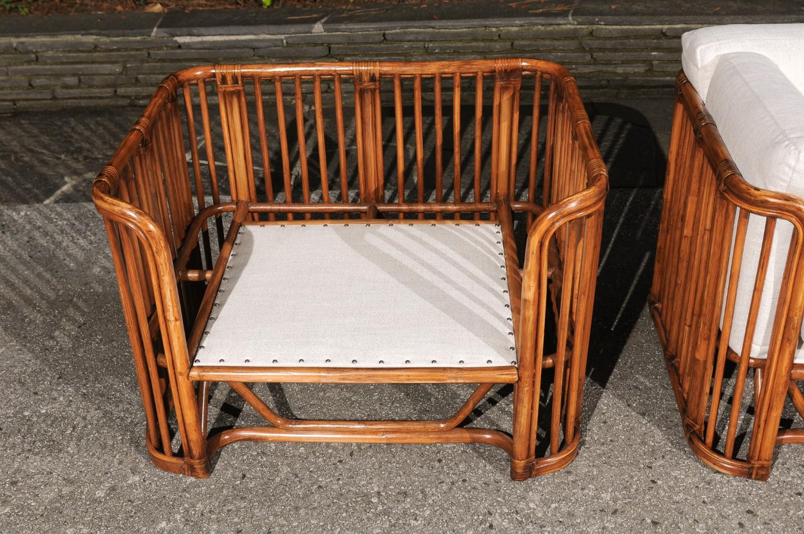 Killer Restored Pair of Restored Rattan and Leather Cube Club Chairs For Sale 10