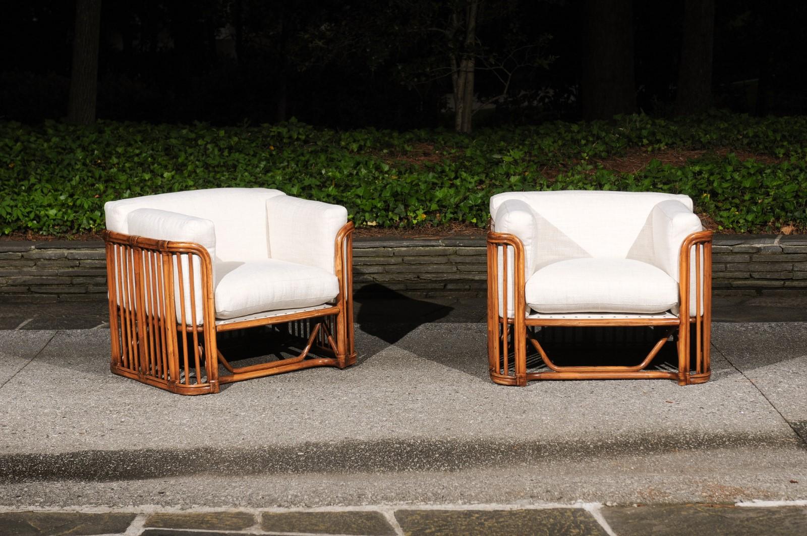 Organic Modern Killer Restored Pair of Restored Rattan and Leather Cube Club Chairs For Sale
