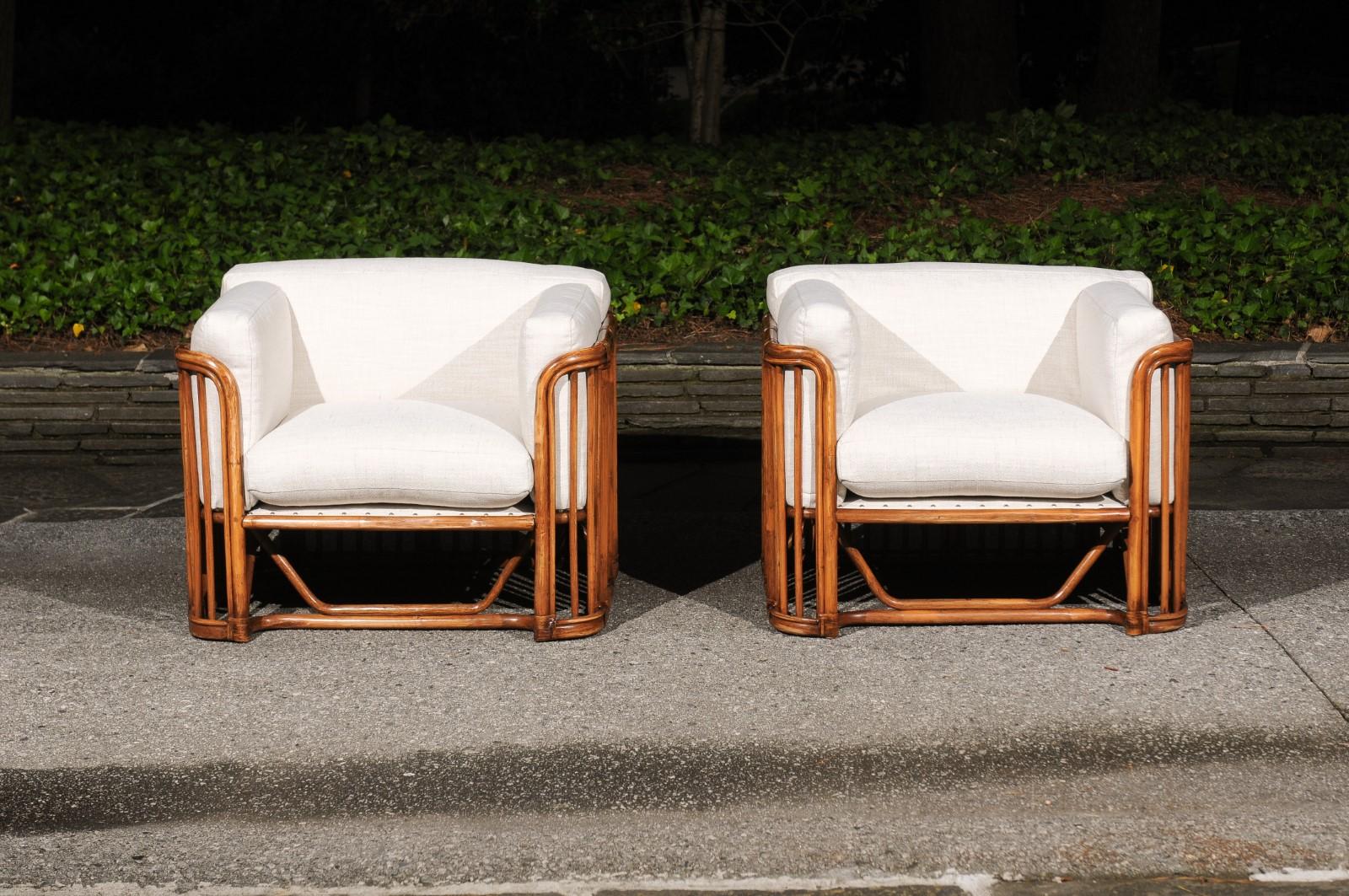 Late 20th Century Killer Restored Pair of Restored Rattan and Leather Cube Club Chairs For Sale