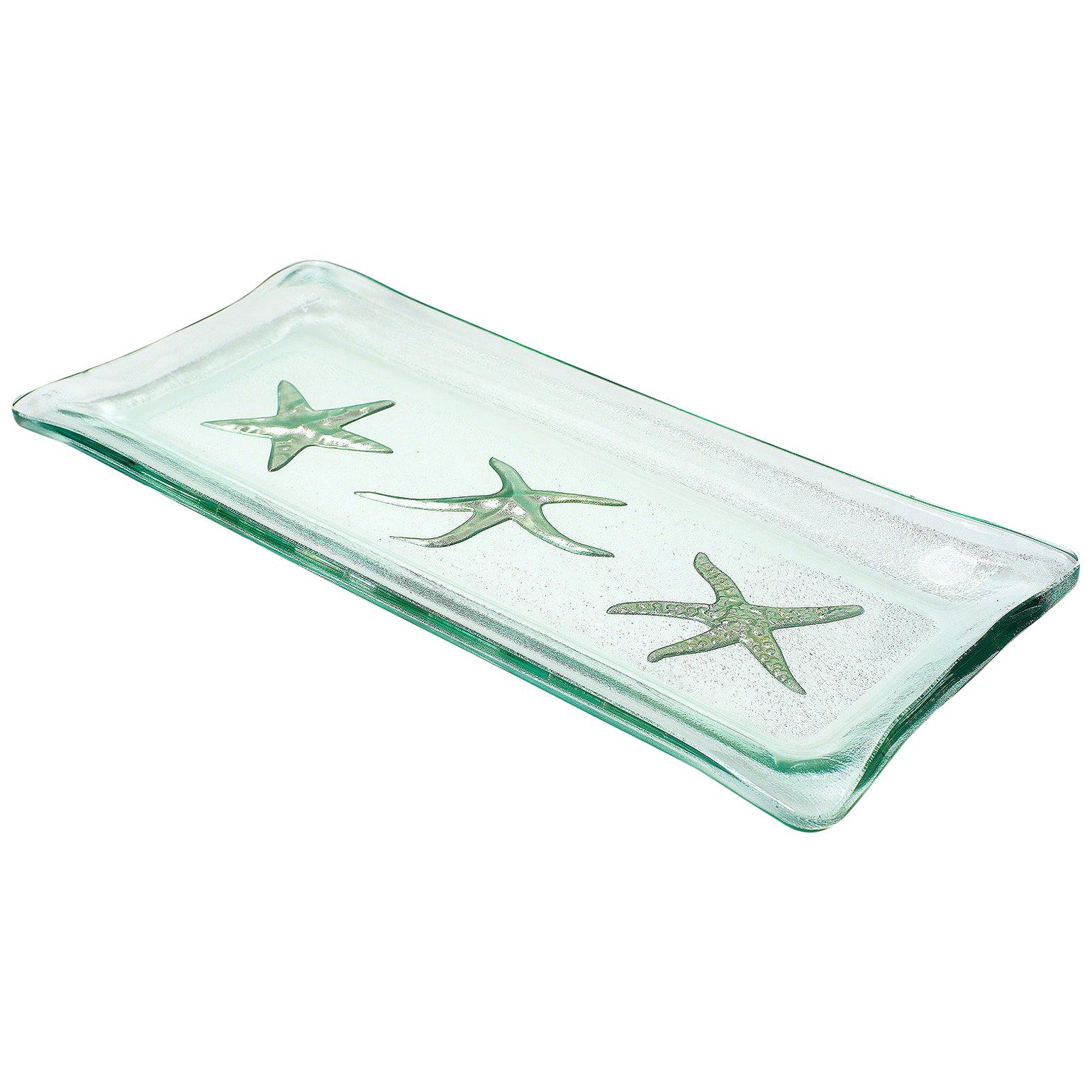 Kiln-Formed Art Glass Tray with White Gold Starfish For Sale