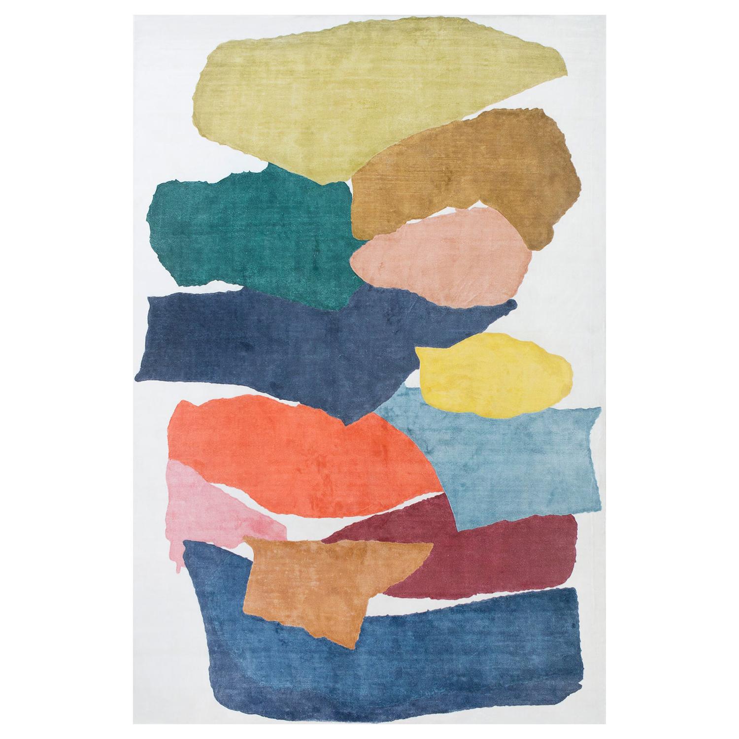 Moderner handgefalteter Viskose-Teppich in verschiedenen Farben, blau, braun, rosa, orange und weiß