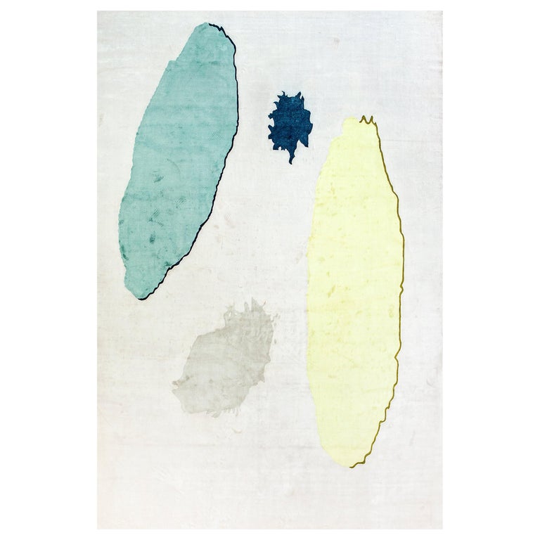 Modern Hand Loomed Viscose Rug White Light and Dark Blue Yellow Watery