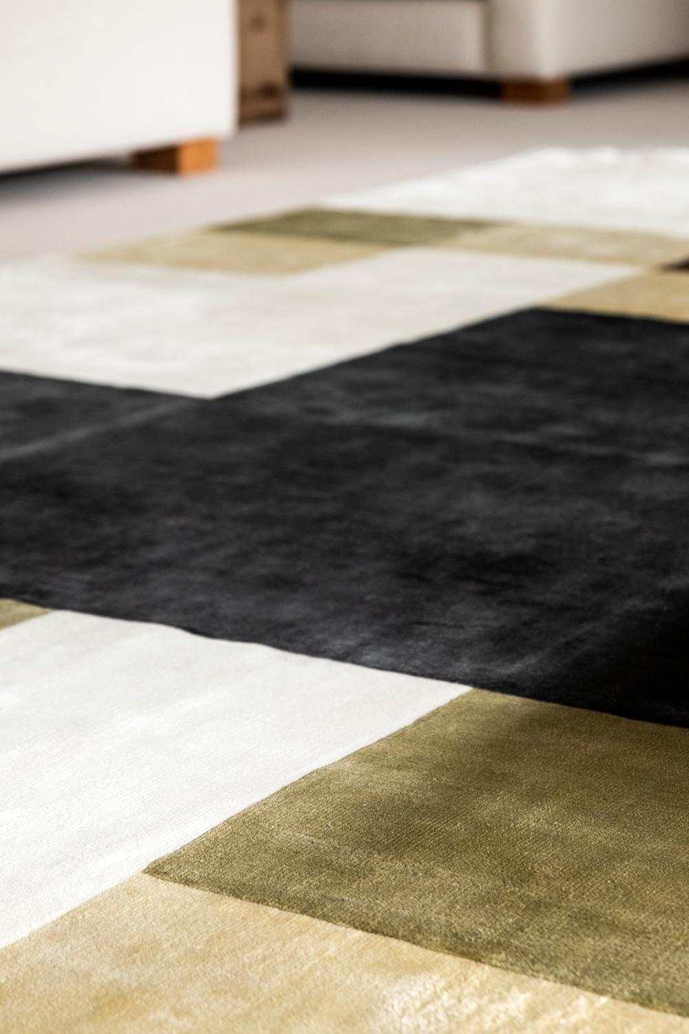 Modern Hand Loomed Viscose Rug Carpet Cubes Dark Grey White Brown Green For Sale 1