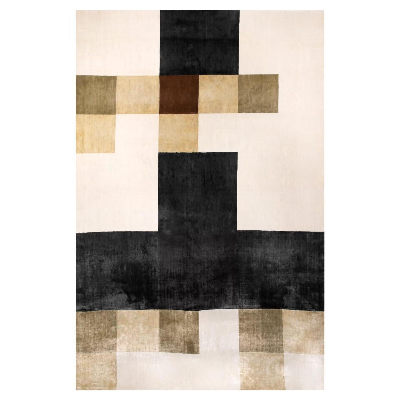 Modern Hand Loomed Viscose Rug Carpet Cubes Dark Grey White Brown Green