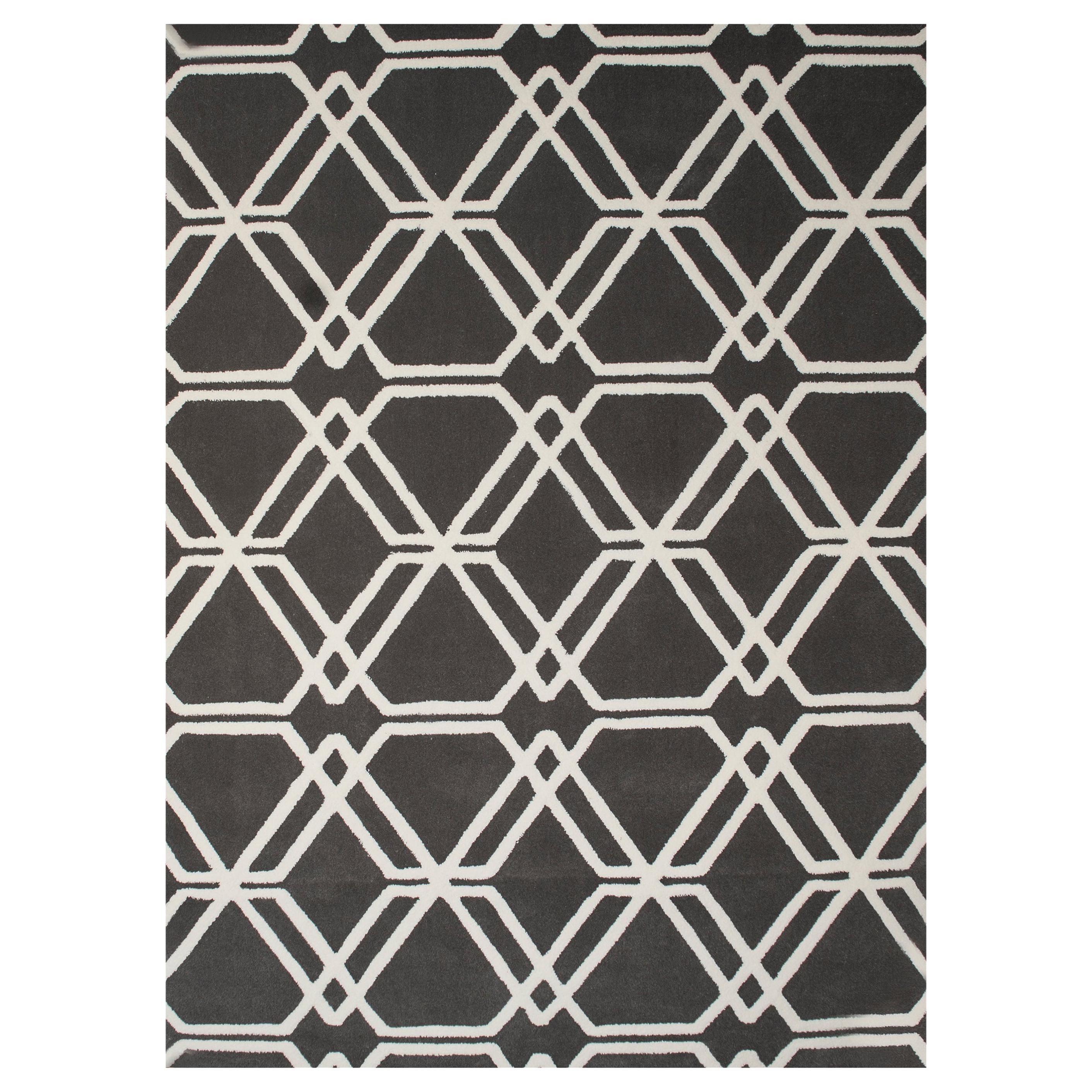 Modern Hand Tufted Wool Rug Carpet Made in Spain Brown White Geometric For Sale