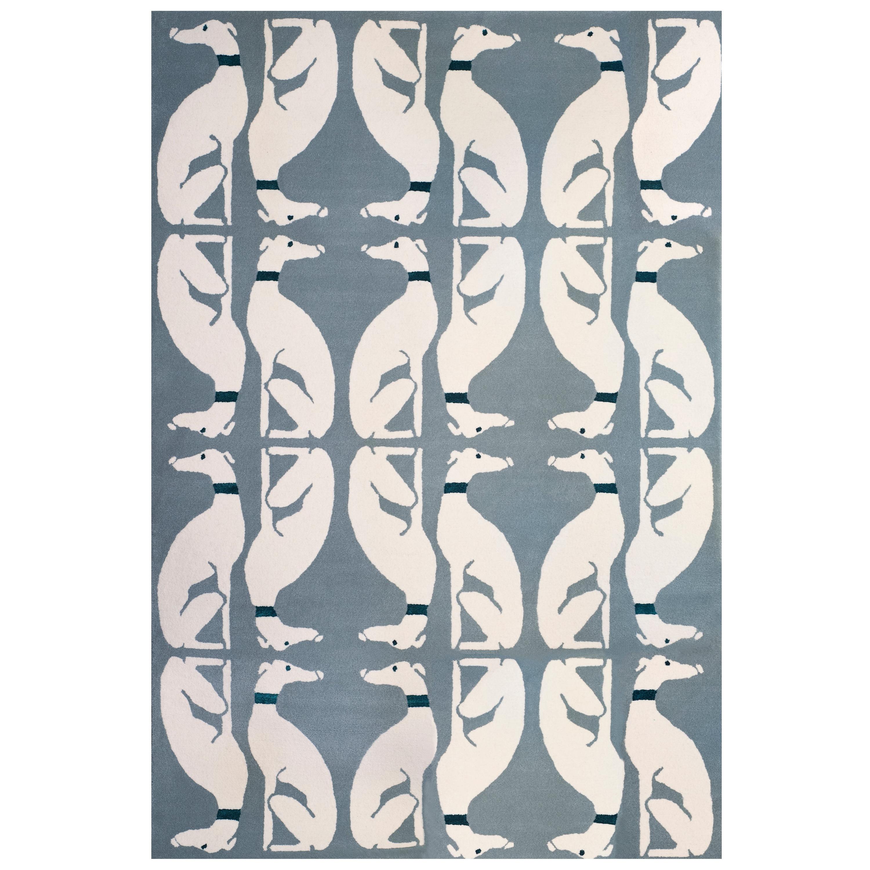Modern Hand Tufted Wool Rug Made in Spain Light Blue & White Dogs Greyhound For Sale