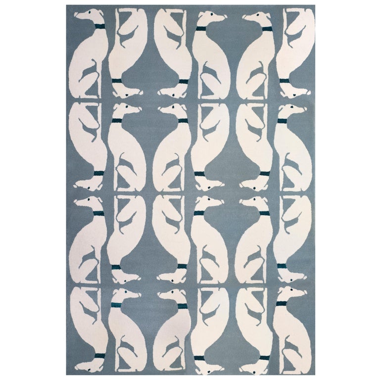Modern Hand Tufted Wool Rug Made in Spain Light Blue and White Dogs