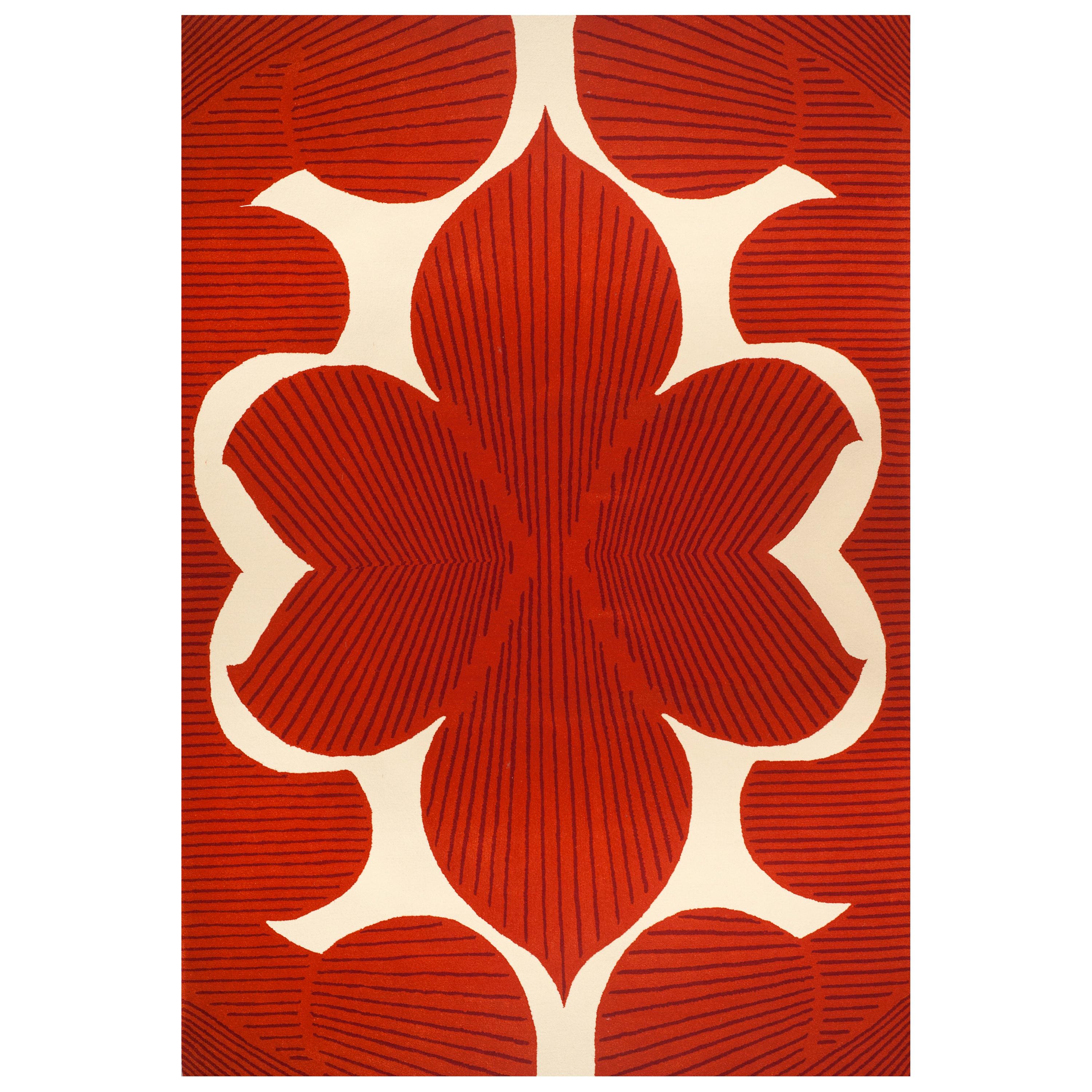 Modern Hand Tufted Wool Rug Made in Spain Red Orange & White Flower For Sale