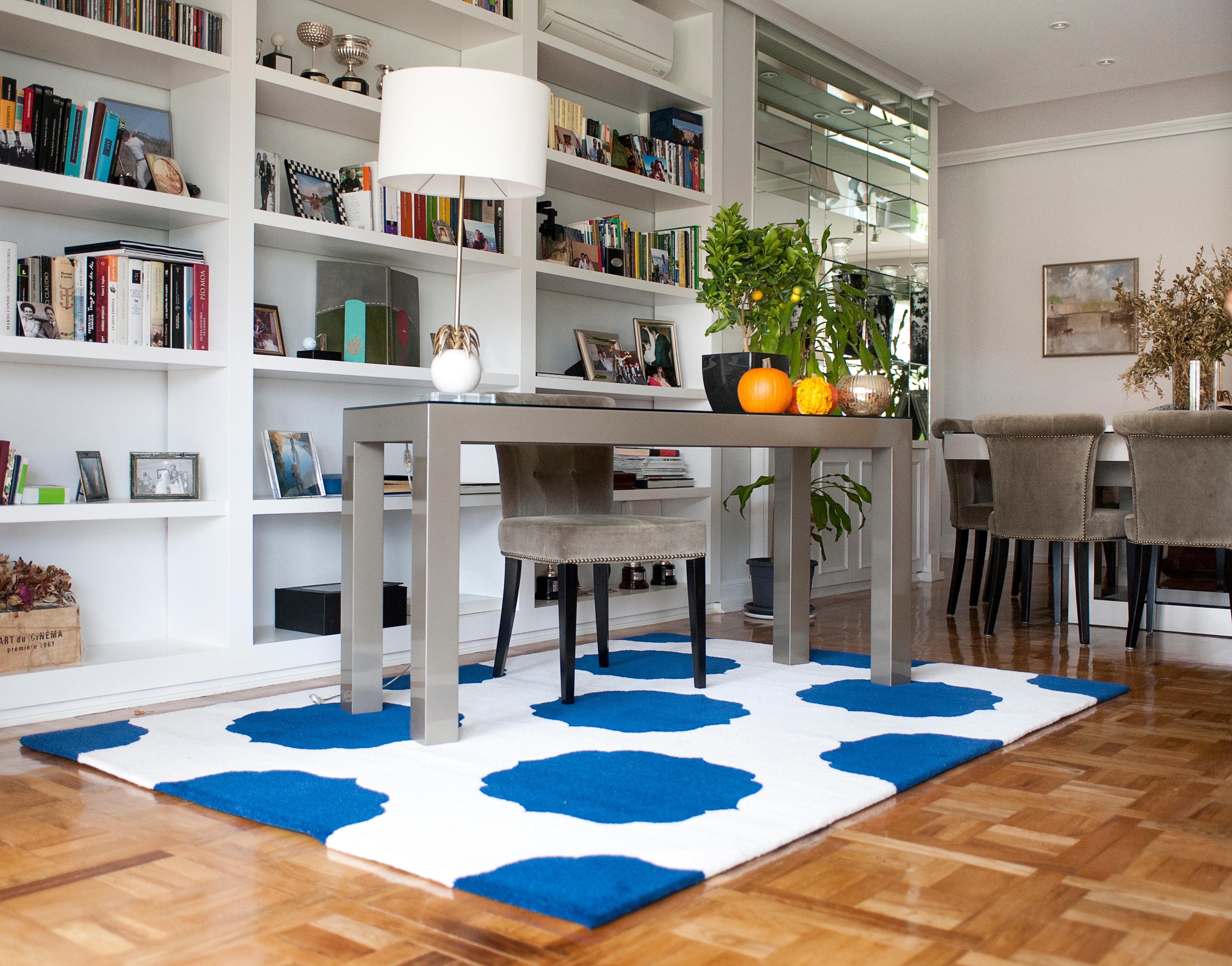 Spanish Modern Hand Tufted Wool Rug Made in Spain White and Blue Marrocan Style For Sale