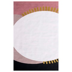Tapis moderne en laine touffetée à la main fabriqué en Espagne, blanc, or, bleu et rose, soleil abstrait