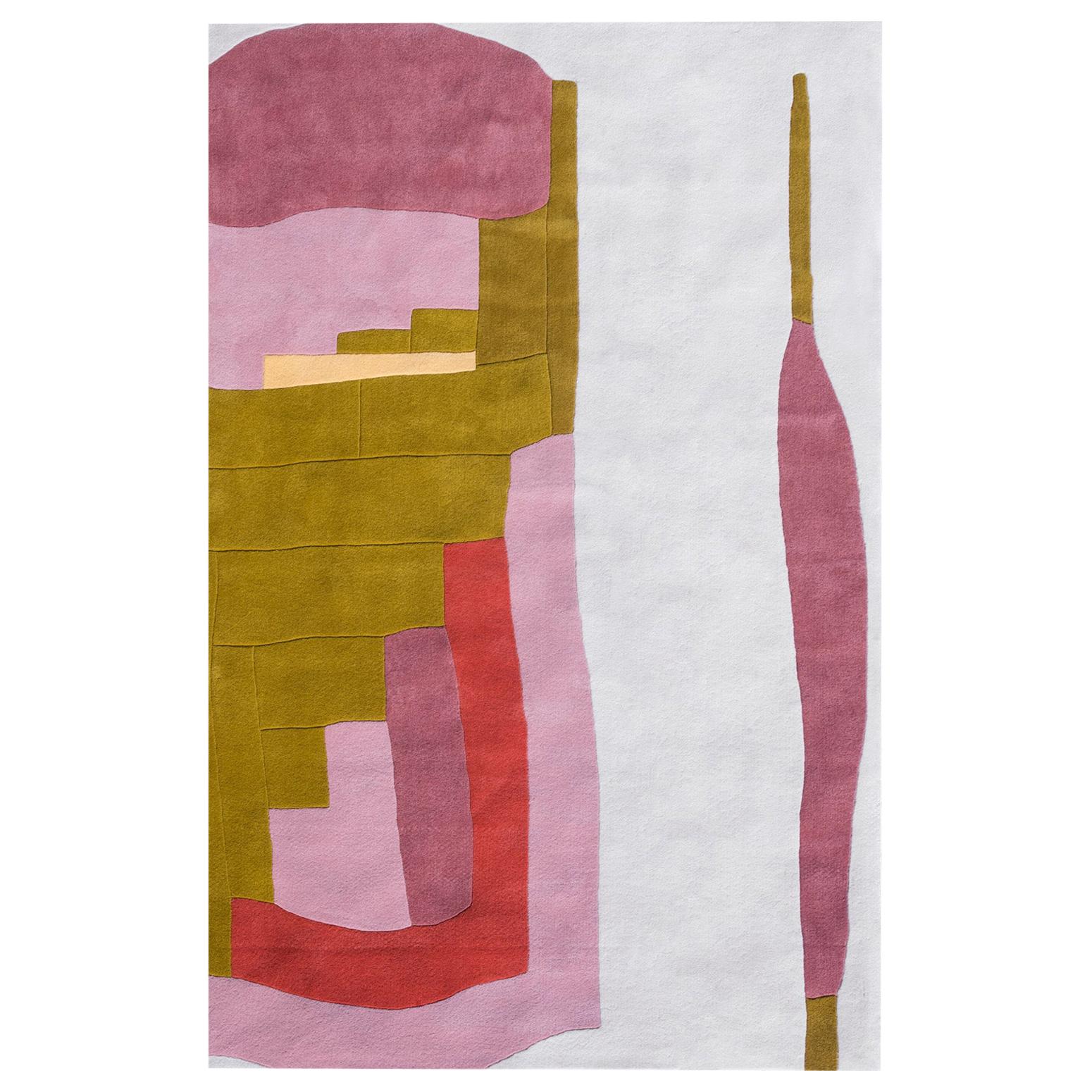 Modern Hand Tufted Wool Rug Made in Spain White Gold Purple Pink Abstract For Sale