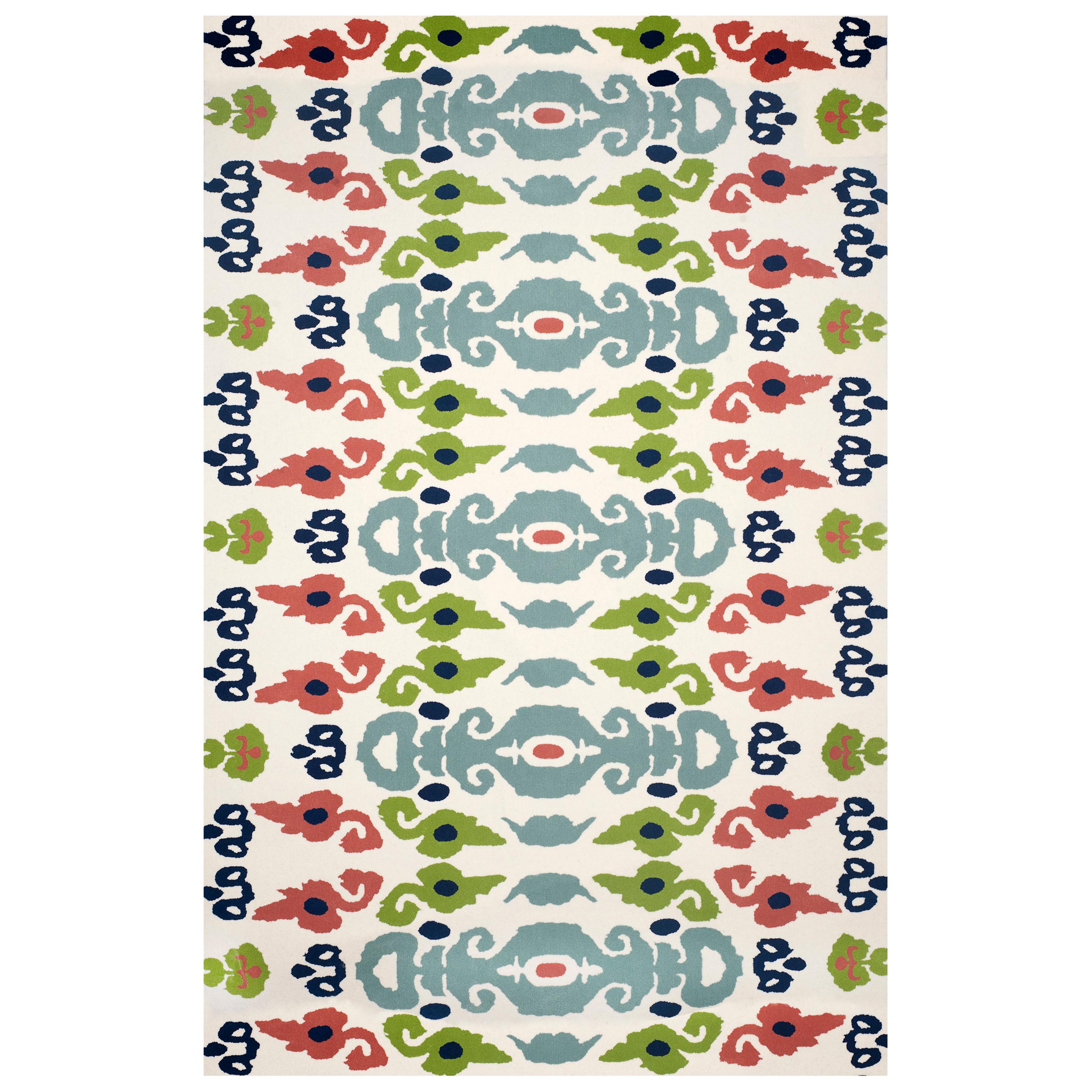 Modern Hand Tufted Wool Rug Made in Spain White, Green, Pink Light & Dark Blue For Sale