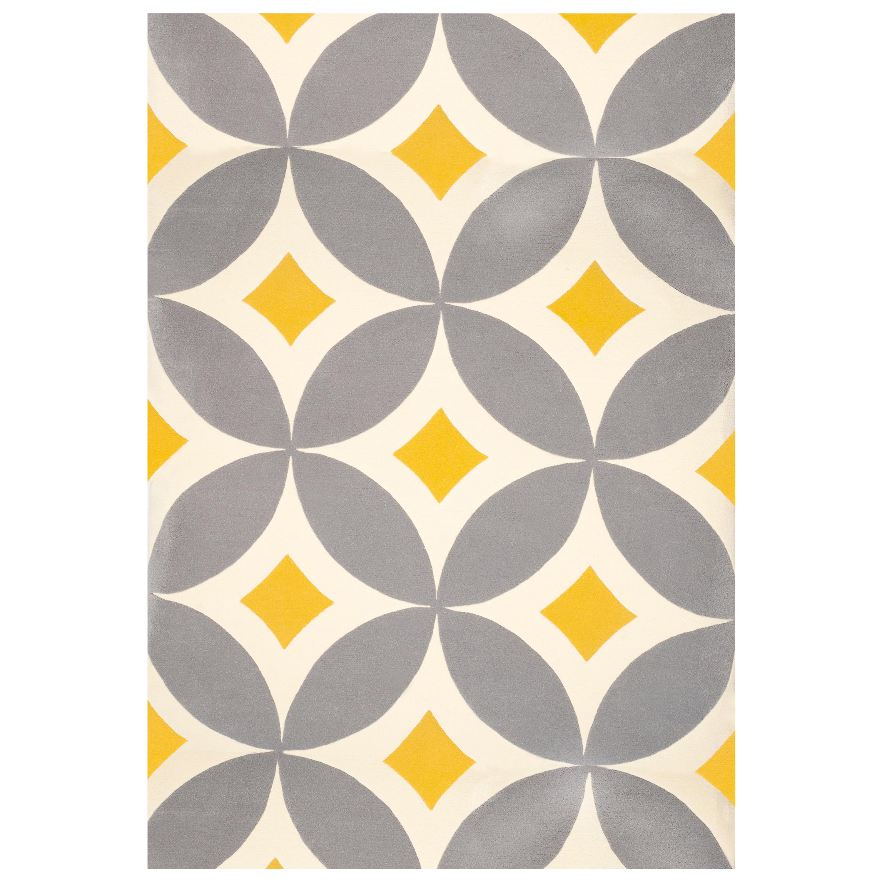 Tapis moderne en laine touffetée à la main fabriqué en Espagne, jaune clair, gris et blanc Kaleidoscope