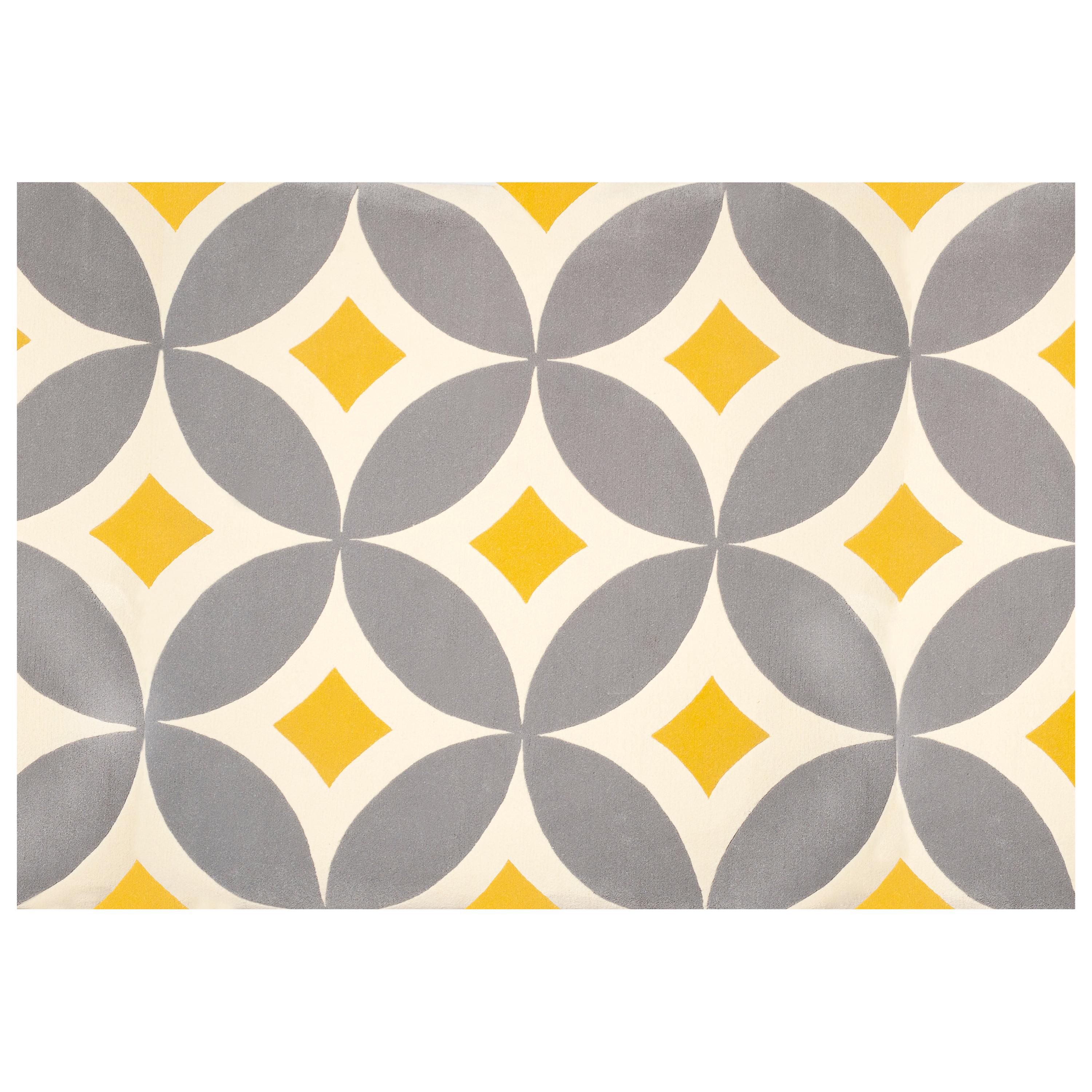 Tapis moderne en laine touffetée à la main fabriqué en Espagne, jaune clair, gris et blanc Kaleidoscope