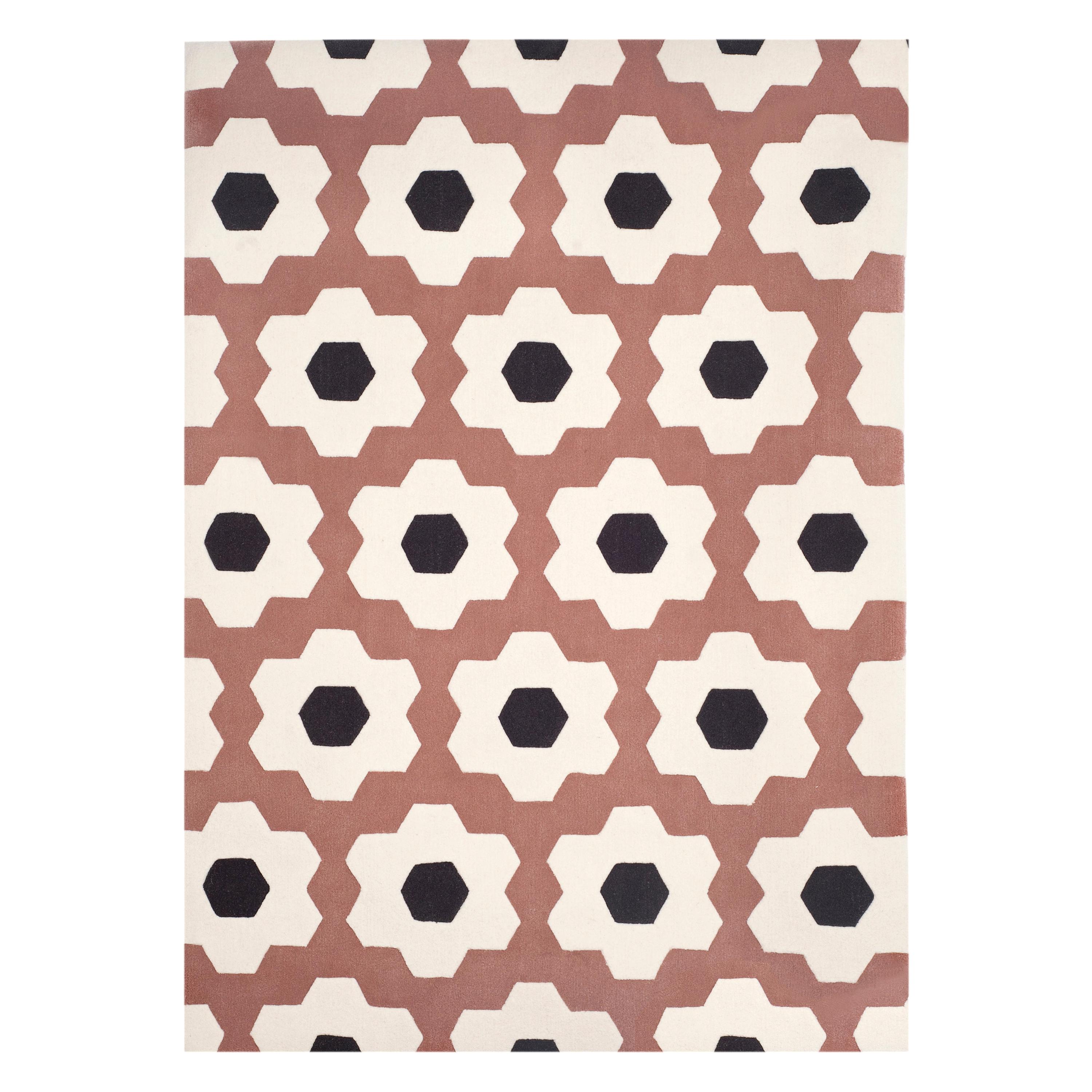 Modern Handtufted Wool Rug Made in Spain Pink Brown & White Mechanic Flower For Sale