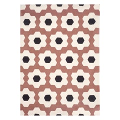 Alfombra moderna de lana tejida a mano Made in Spain Rosa Marrón y Blanco Flor Mecánica