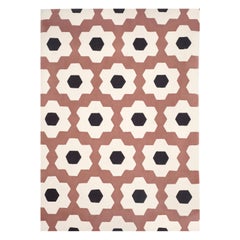 Modern Handtufted Wool Rug Made in Spain Pink Brown & White Mechanic Flower