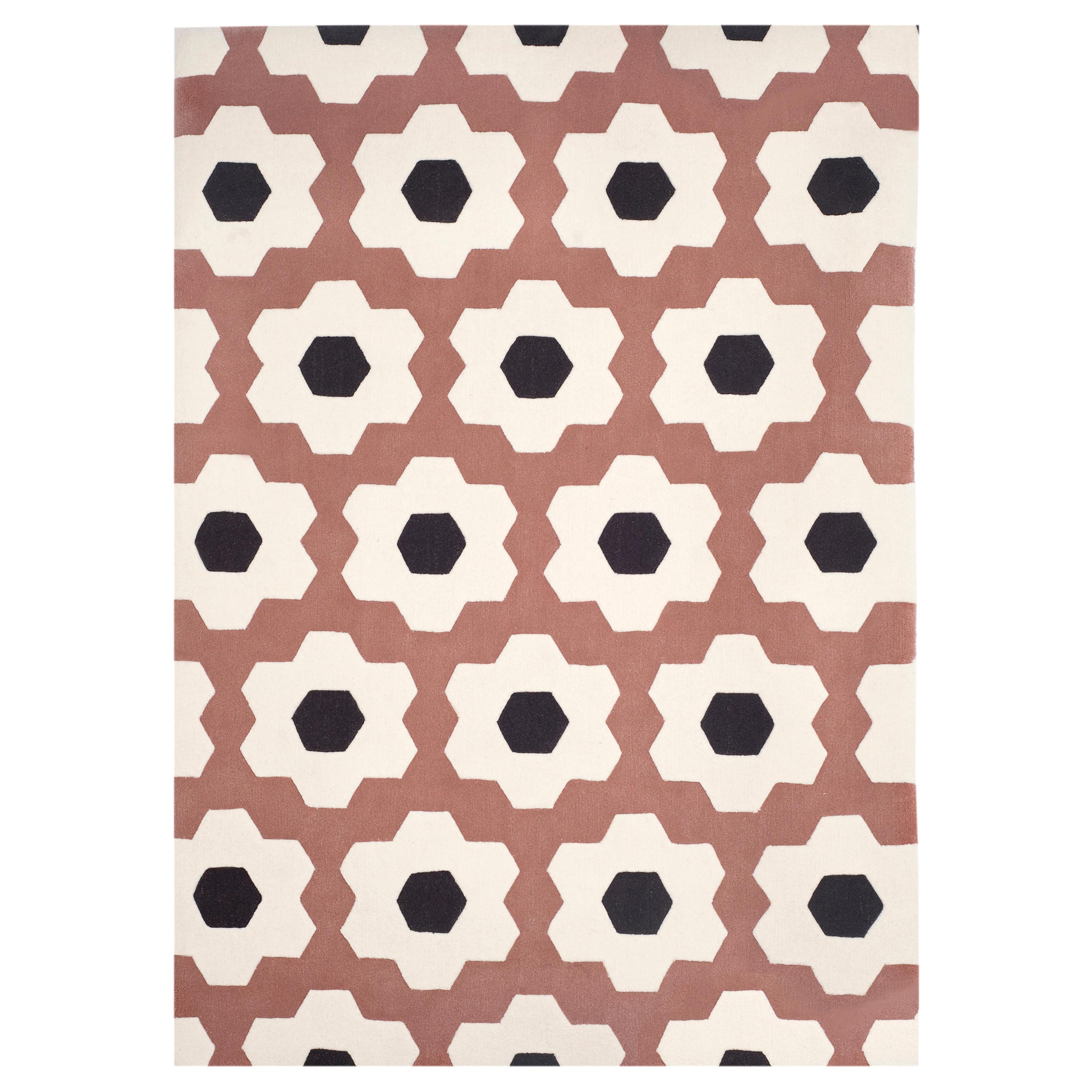 Modern Handtufted Wool Rug Made in Spain Pink Brown & White Mechanic Flower