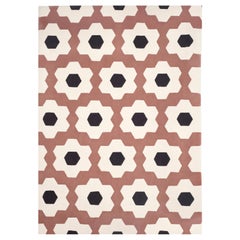 Modern Handtufted Wool Rug Made in Spain Pink Brown & White Mechanic Flower