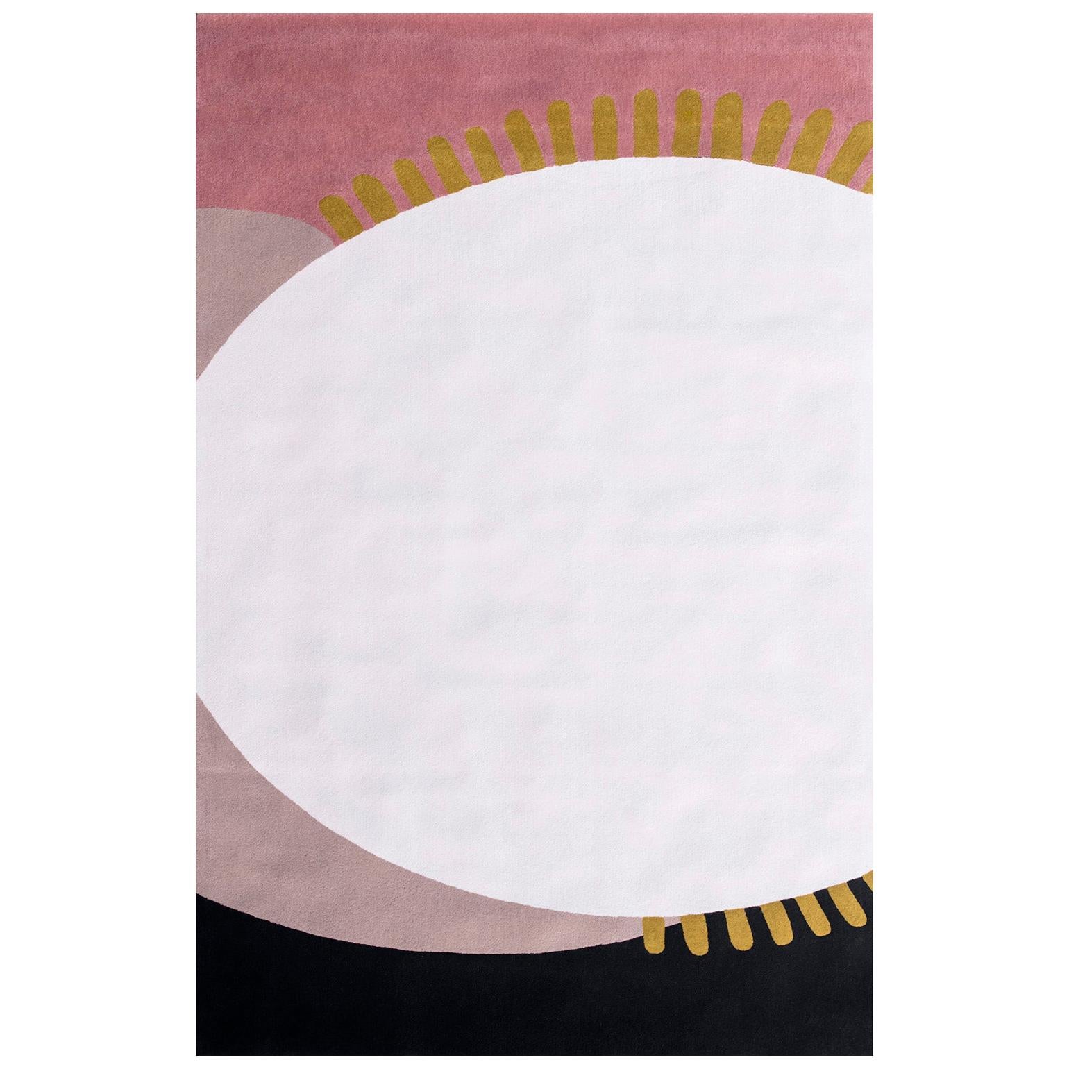 Modern HandTufted Wool Rug Made in Spain White Gold Blue Pink Sun Abstract For Sale