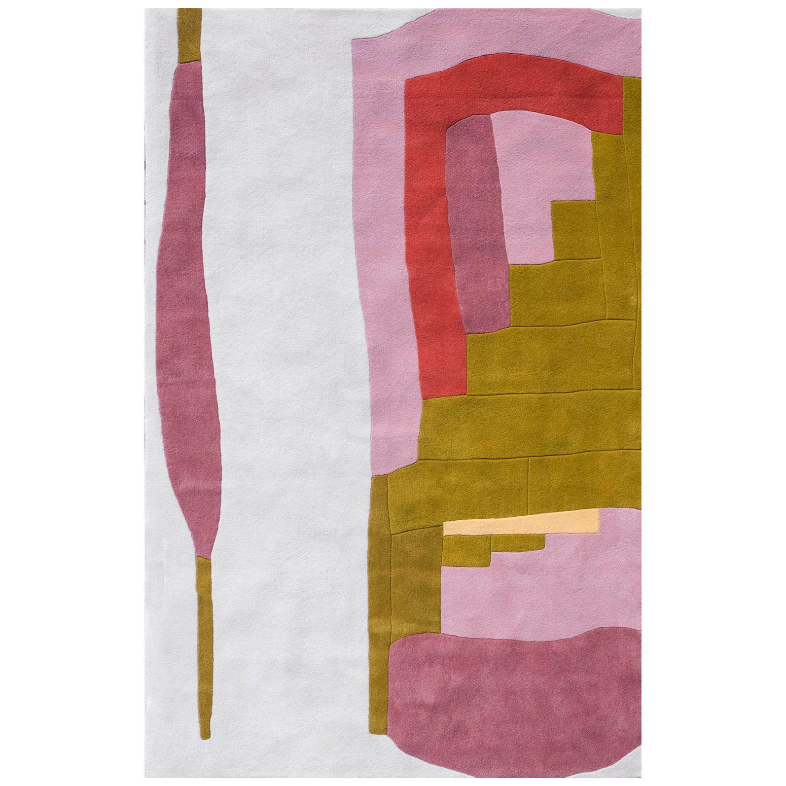Alfombra moderna de lana Hand Made in Spain Blanca Dorada Violeta Rosa Abstracta en venta