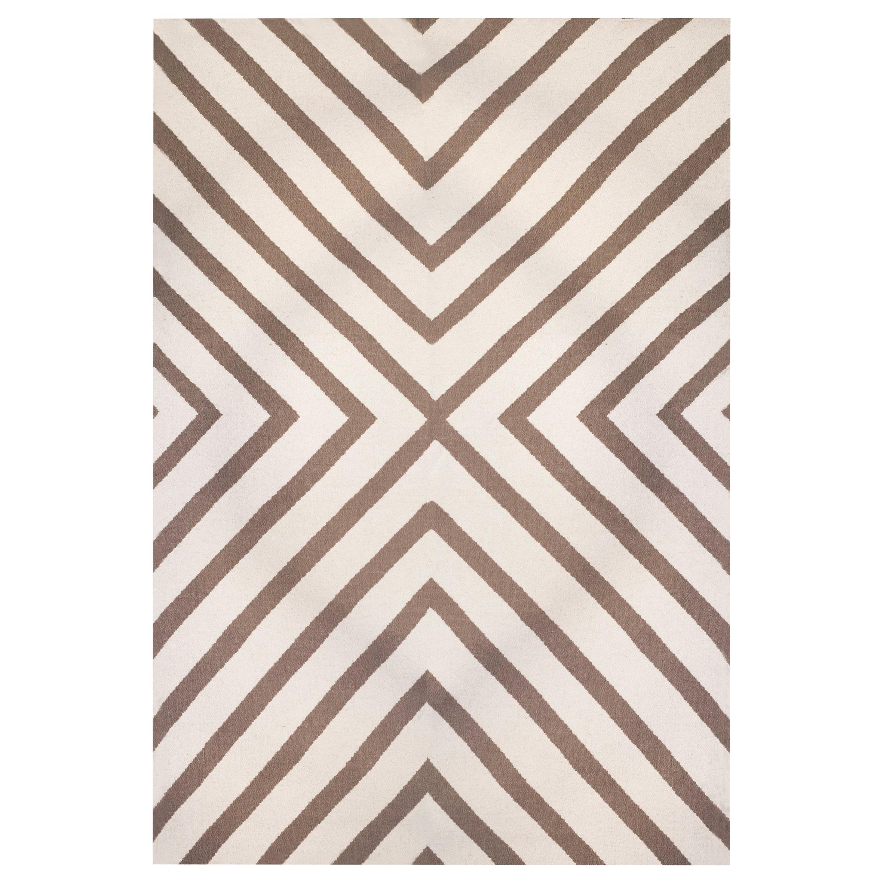 Modern Handwoven Flat-Weave Wool Kilim Beige and White Zebra Geometric